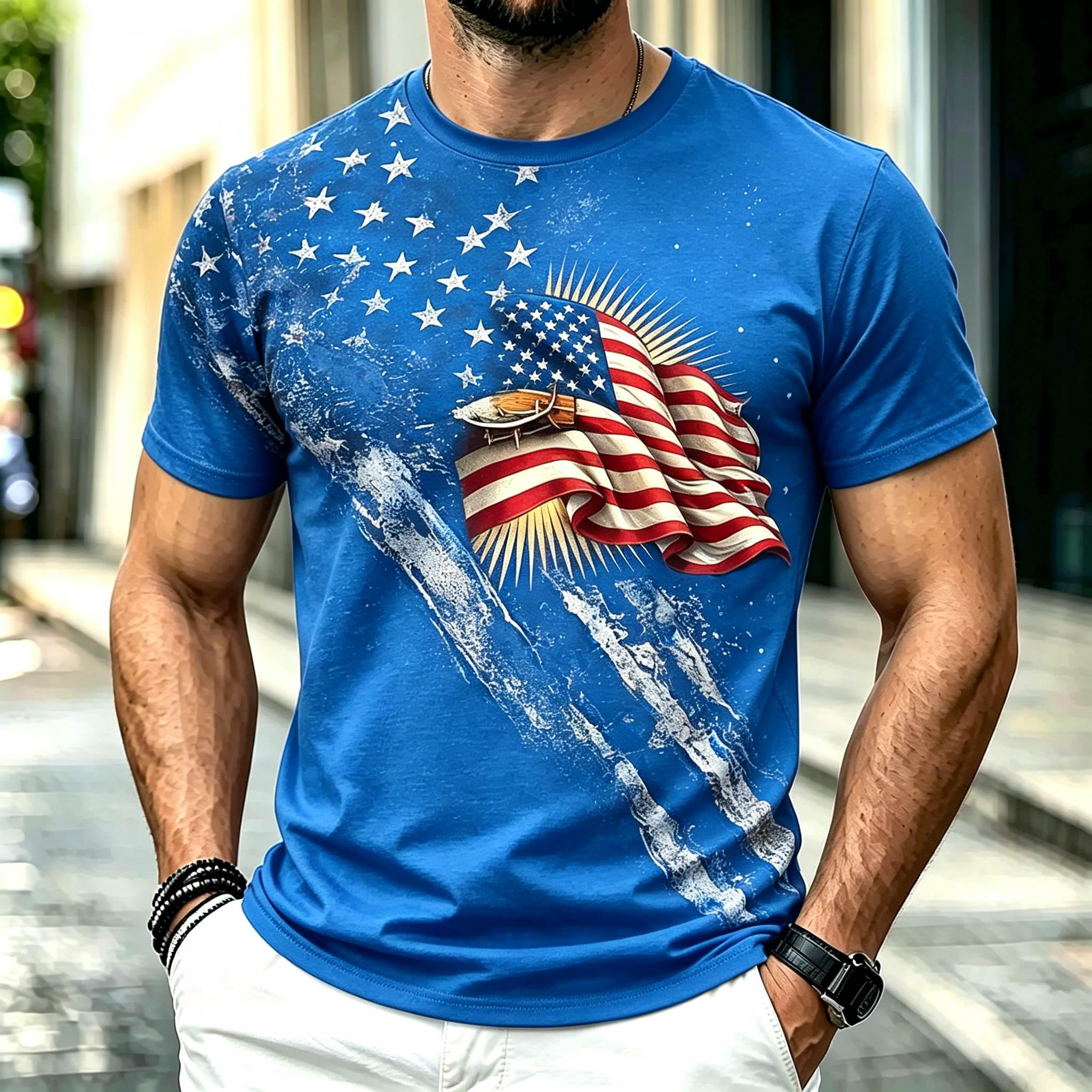 Retro Cross & Lion American Flag Independence Day Casual Top