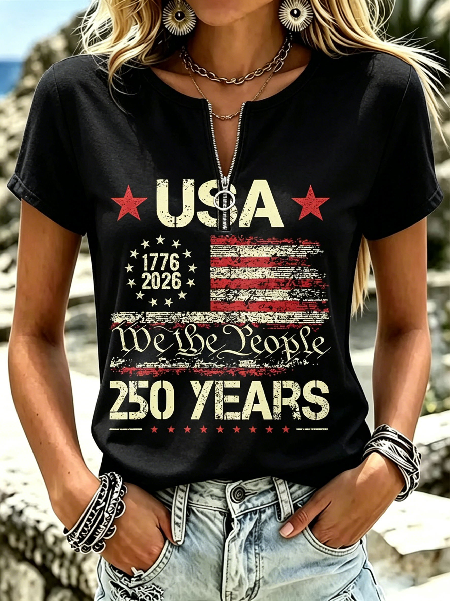 Women We The People USA Flag 250 Years Half Zip Short Sleeve T-Shirt