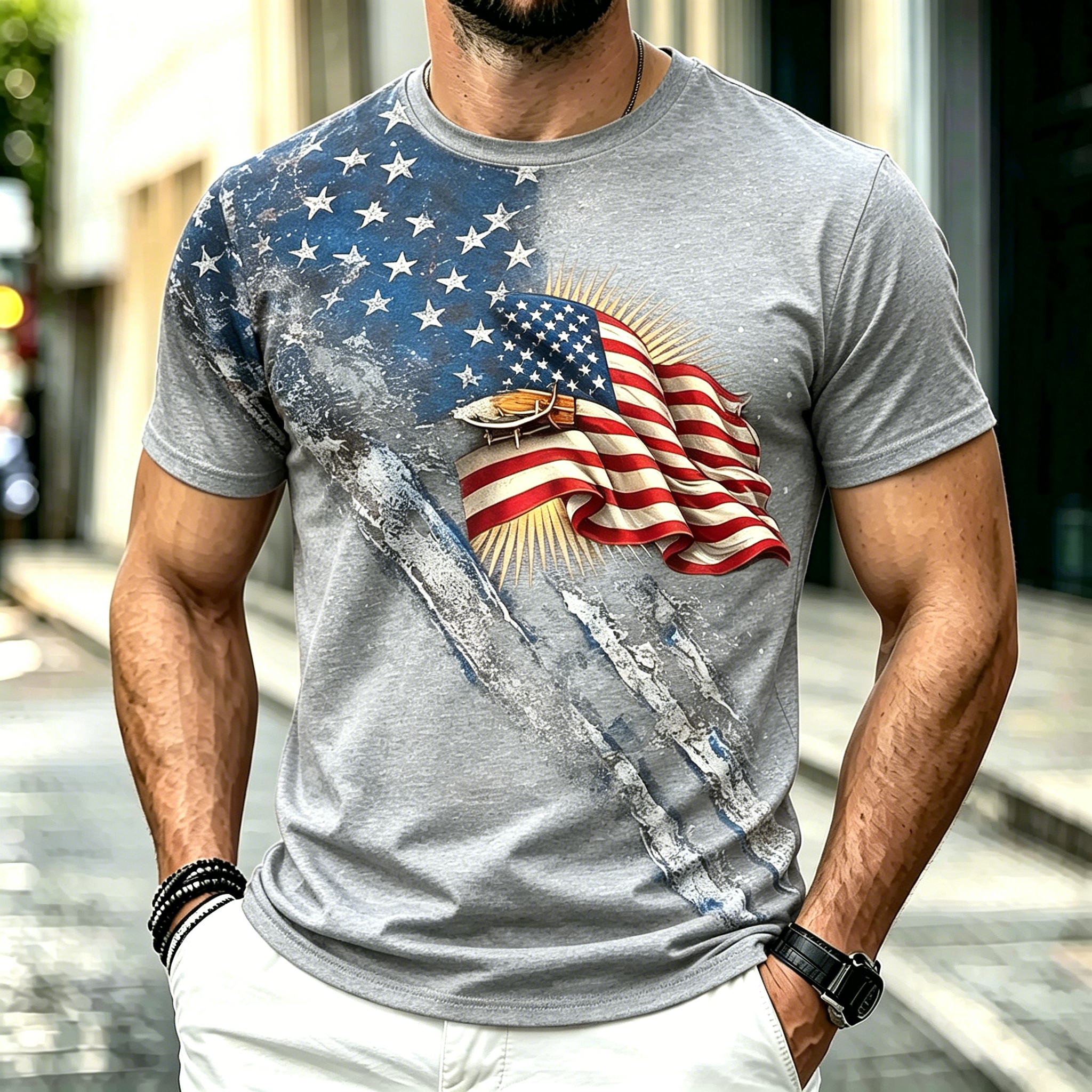 Retro Cross & Lion American Flag Independence Day Casual Top