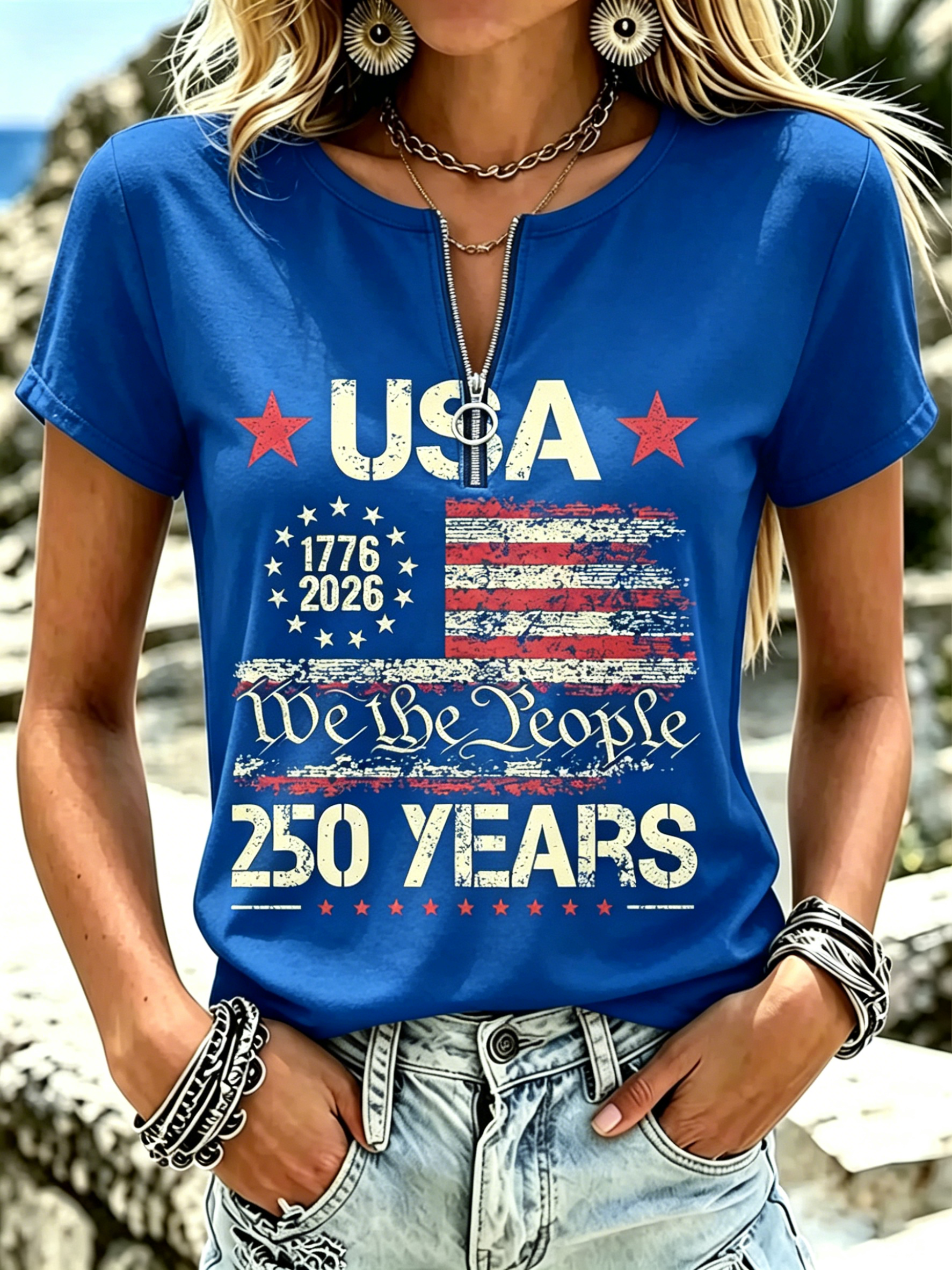 Women We The People USA Flag 250 Years Half Zip Short Sleeve T-Shirt