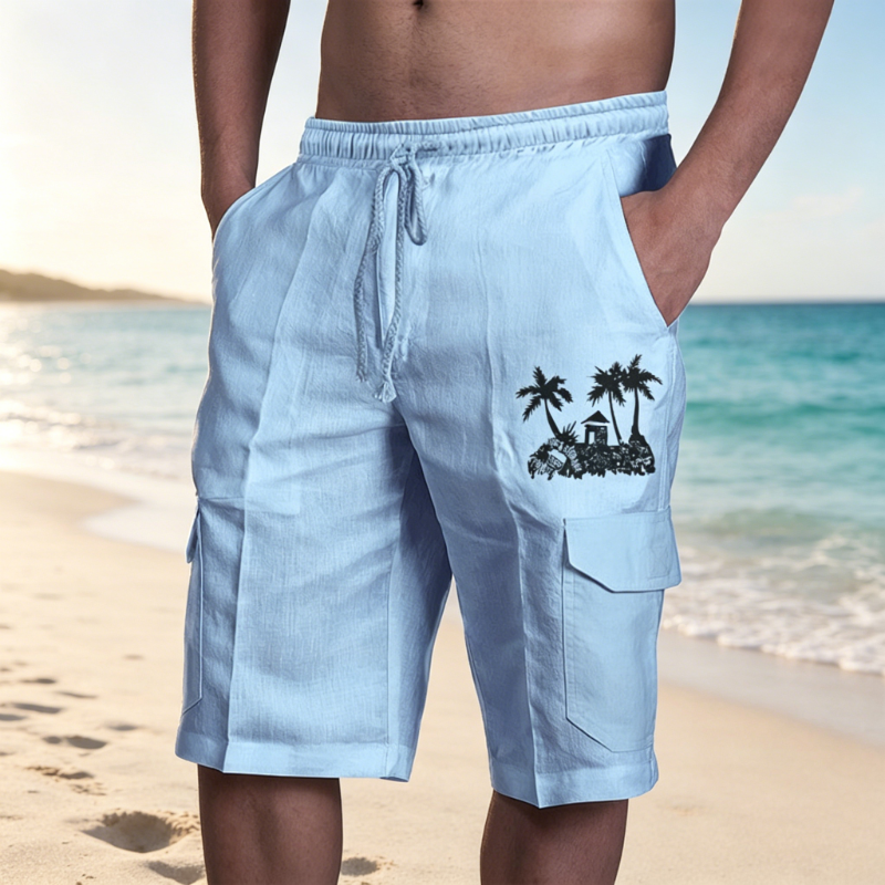 Men's Tropical Island Print Drawstring Cargo Resort Shorts
