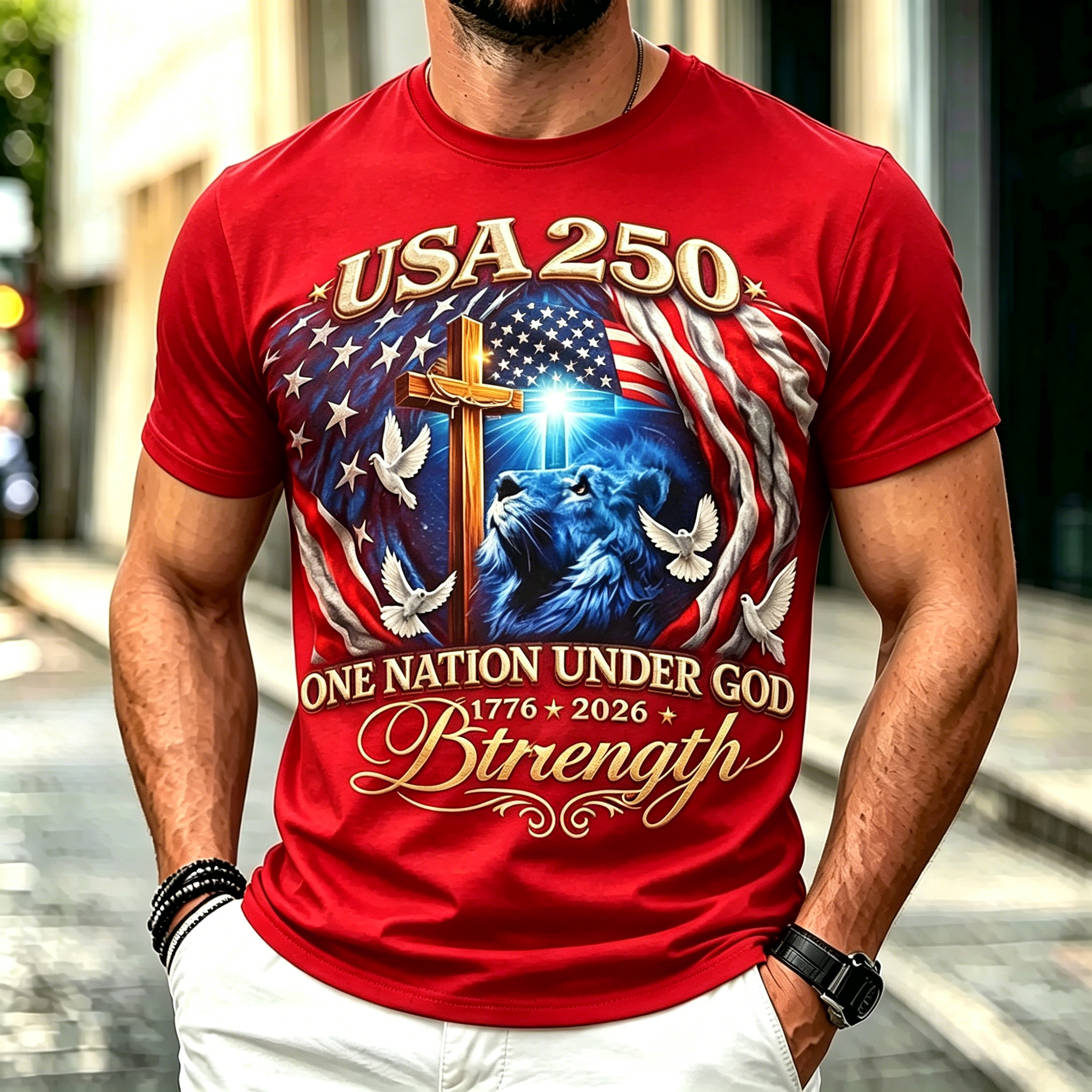 Liberty Faith Strength USA 250th Anniversary Crewneck Tee