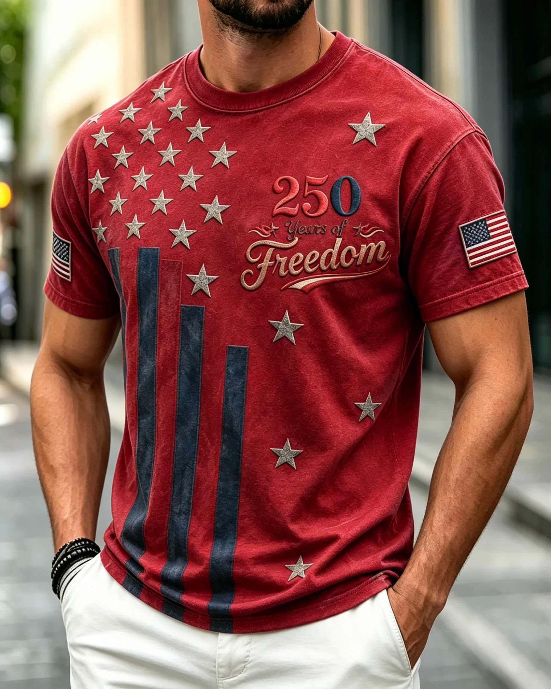 Men Distressed 250th Anniversary Embroidered Flag Print Summer Streetwear Top