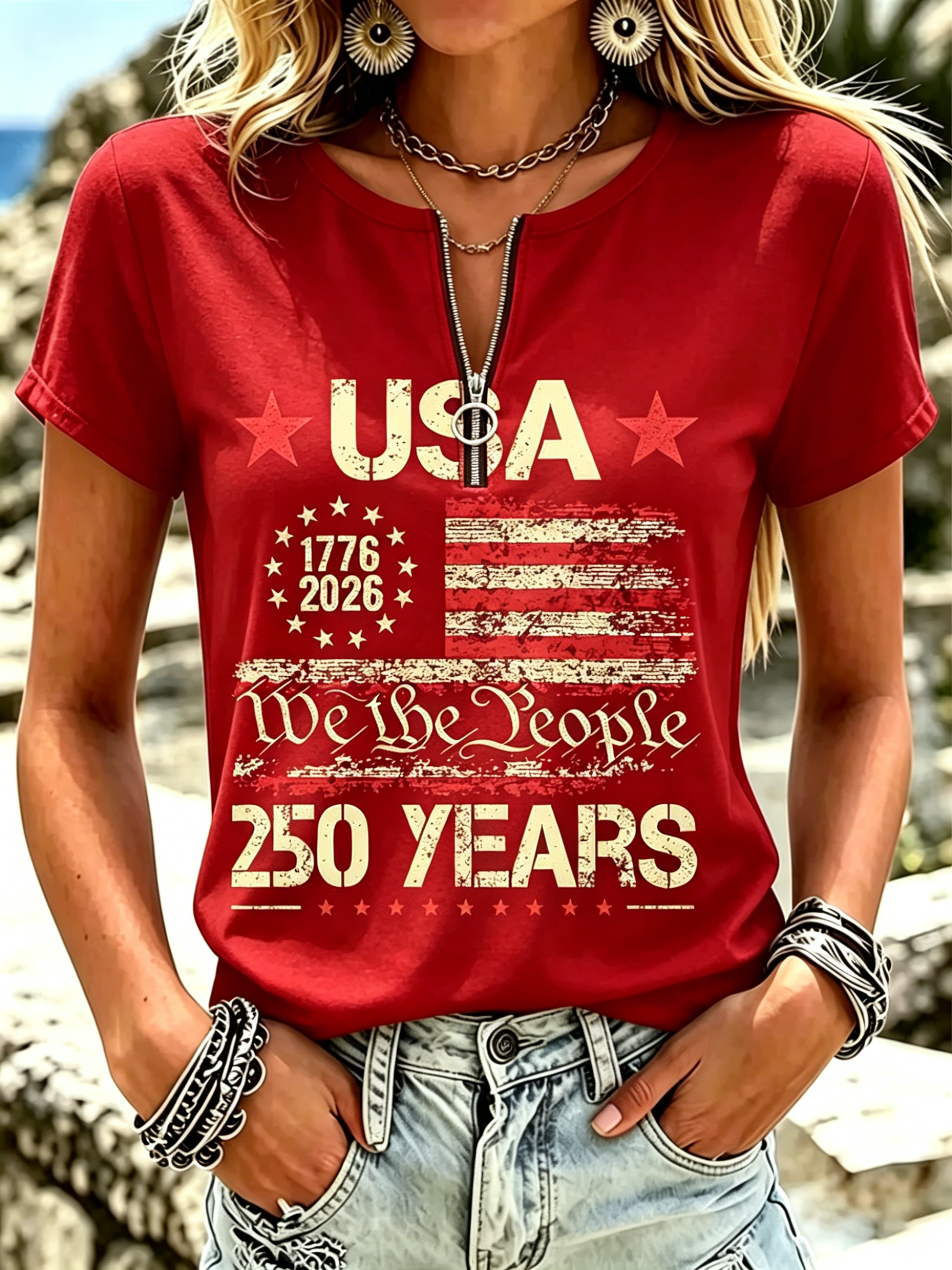 Women We The People USA Flag 250 Years Half Zip Short Sleeve T-Shirt
