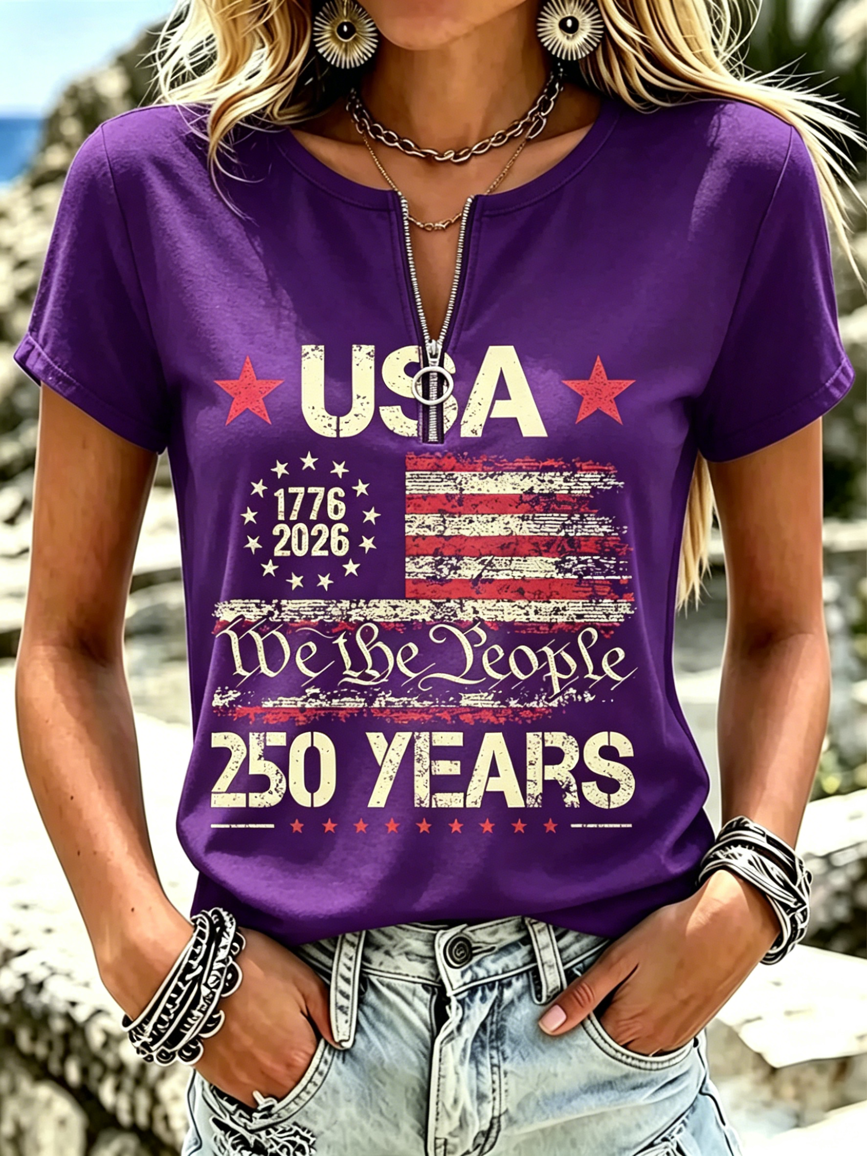 Women We The People USA Flag 250 Years Half Zip Short Sleeve T-Shirt