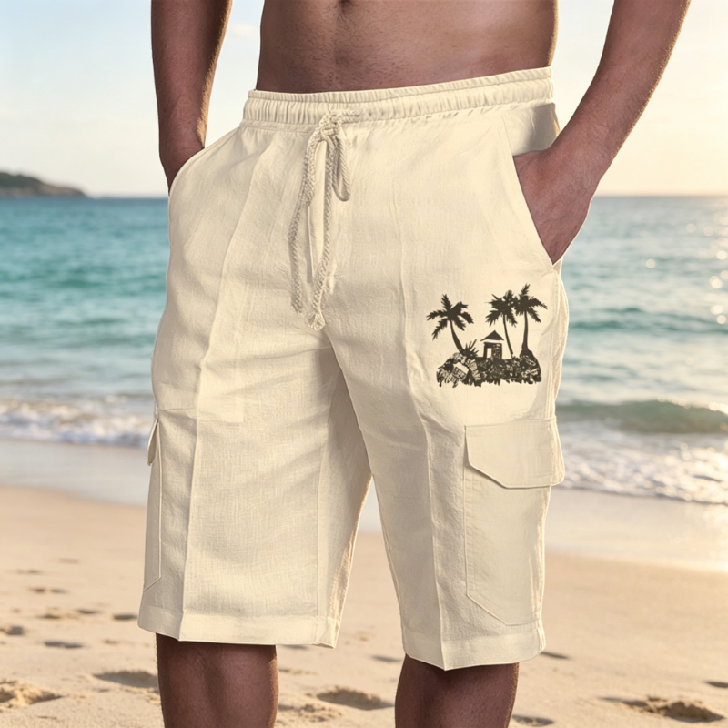 Men's Tropical Island Print Drawstring Cargo Resort Shorts