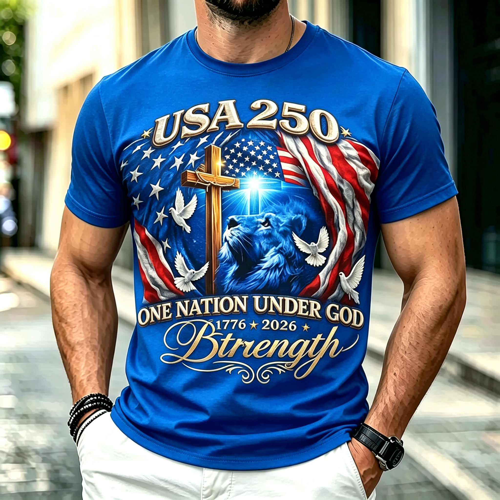 Liberty Faith Strength USA 250th Anniversary Crewneck Tee