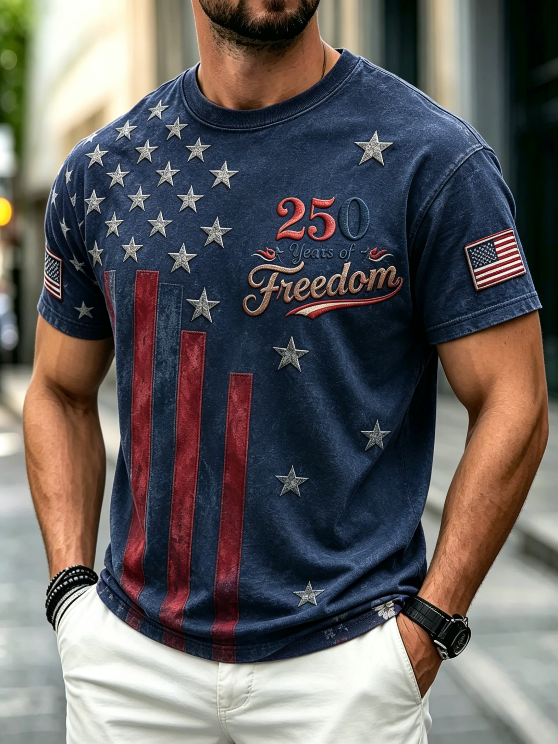 Men Distressed 250th Anniversary Embroidered Flag Print Summer Streetwear Top