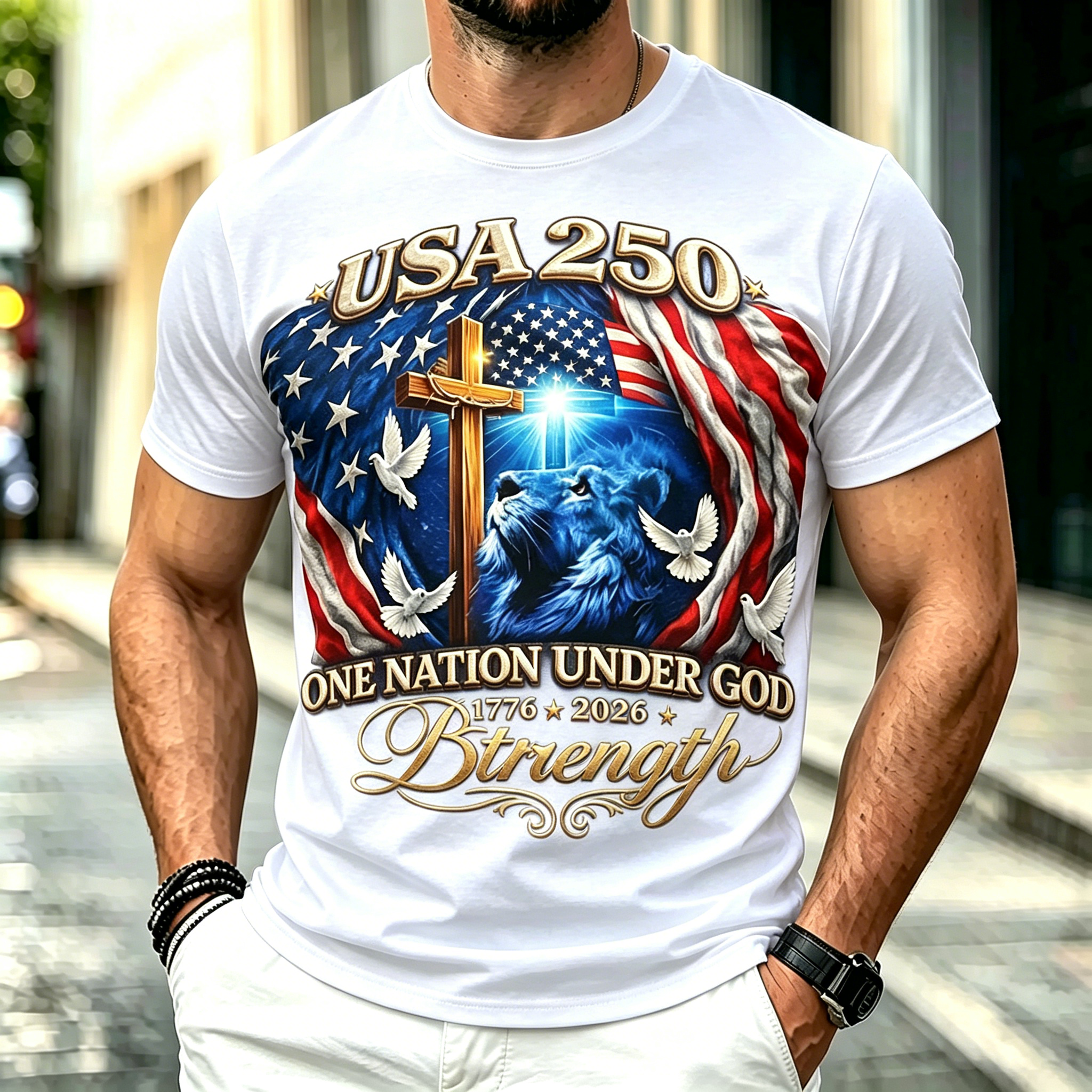 Liberty Faith Strength USA 250th Anniversary Crewneck Tee