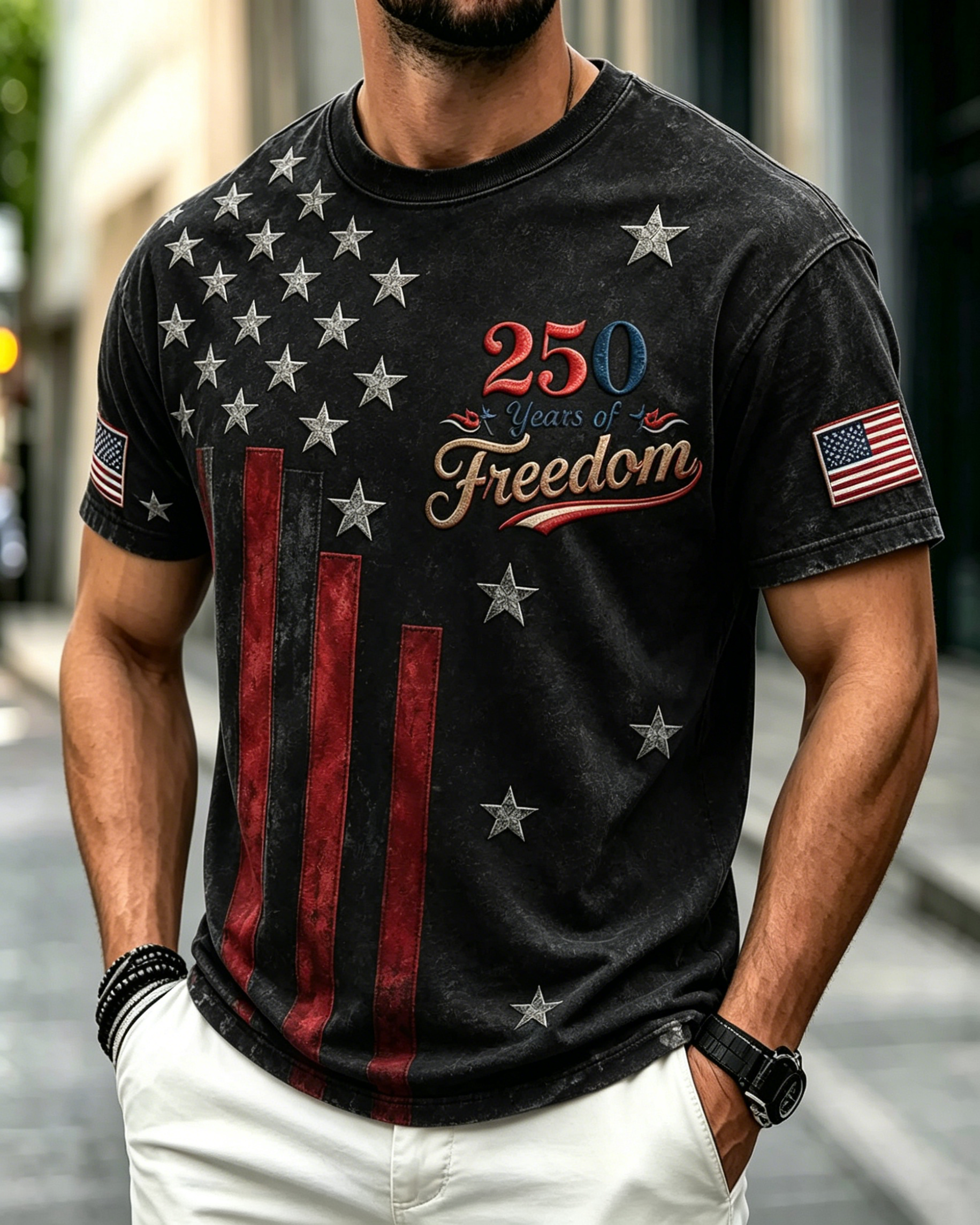 Men Distressed 250th Anniversary Embroidered Flag Print Summer Streetwear Top