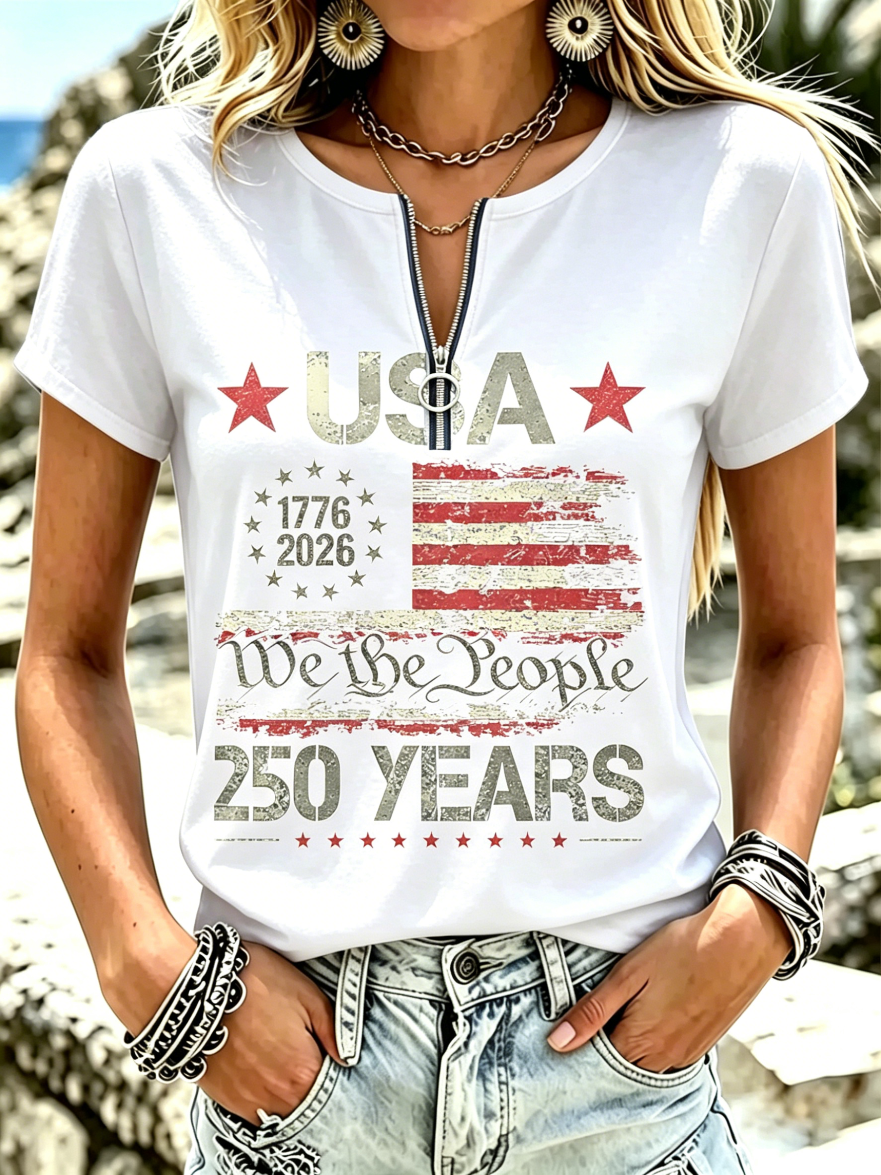 Women We The People USA Flag 250 Years Half Zip Short Sleeve T-Shirt