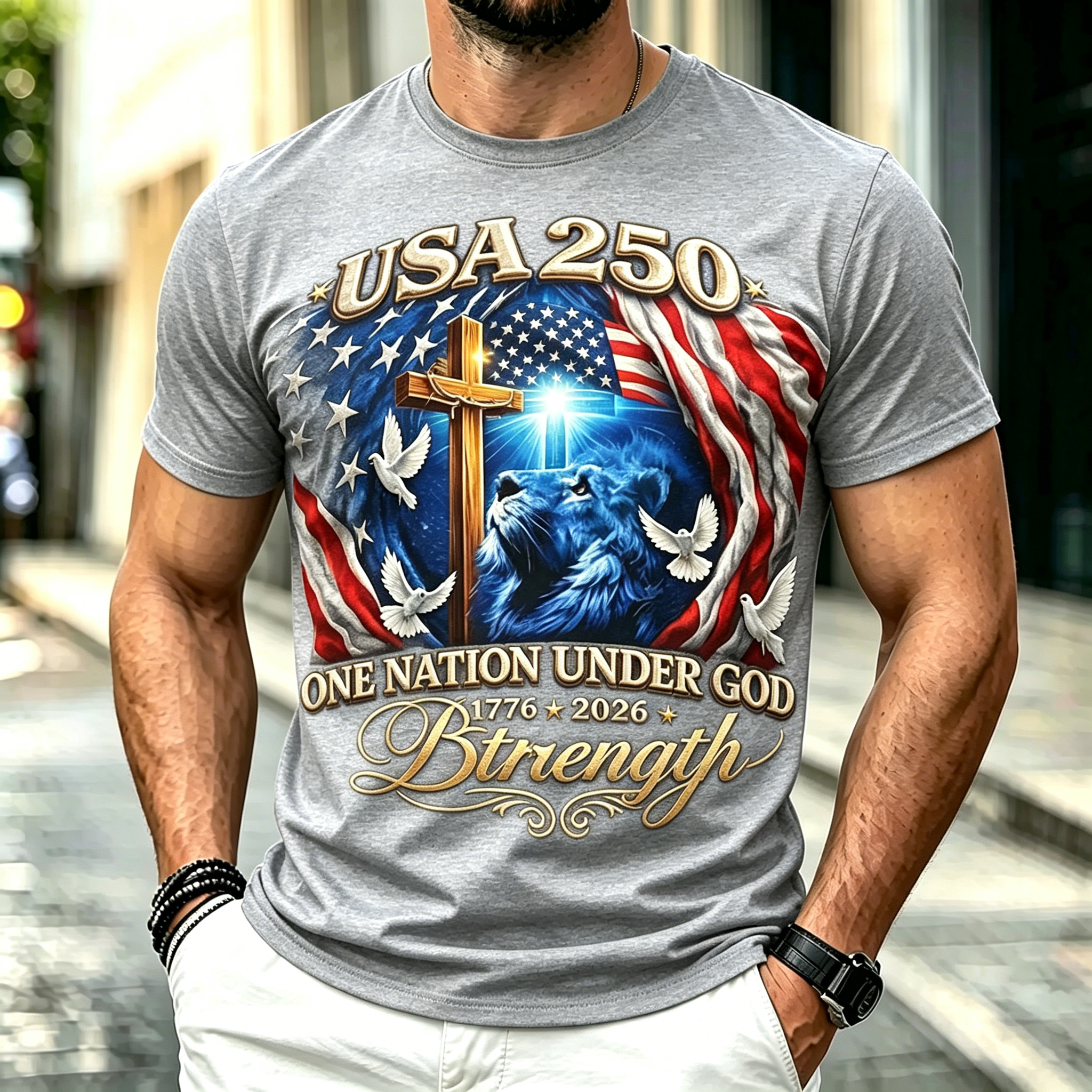 Liberty Faith Strength USA 250th Anniversary Crewneck Tee