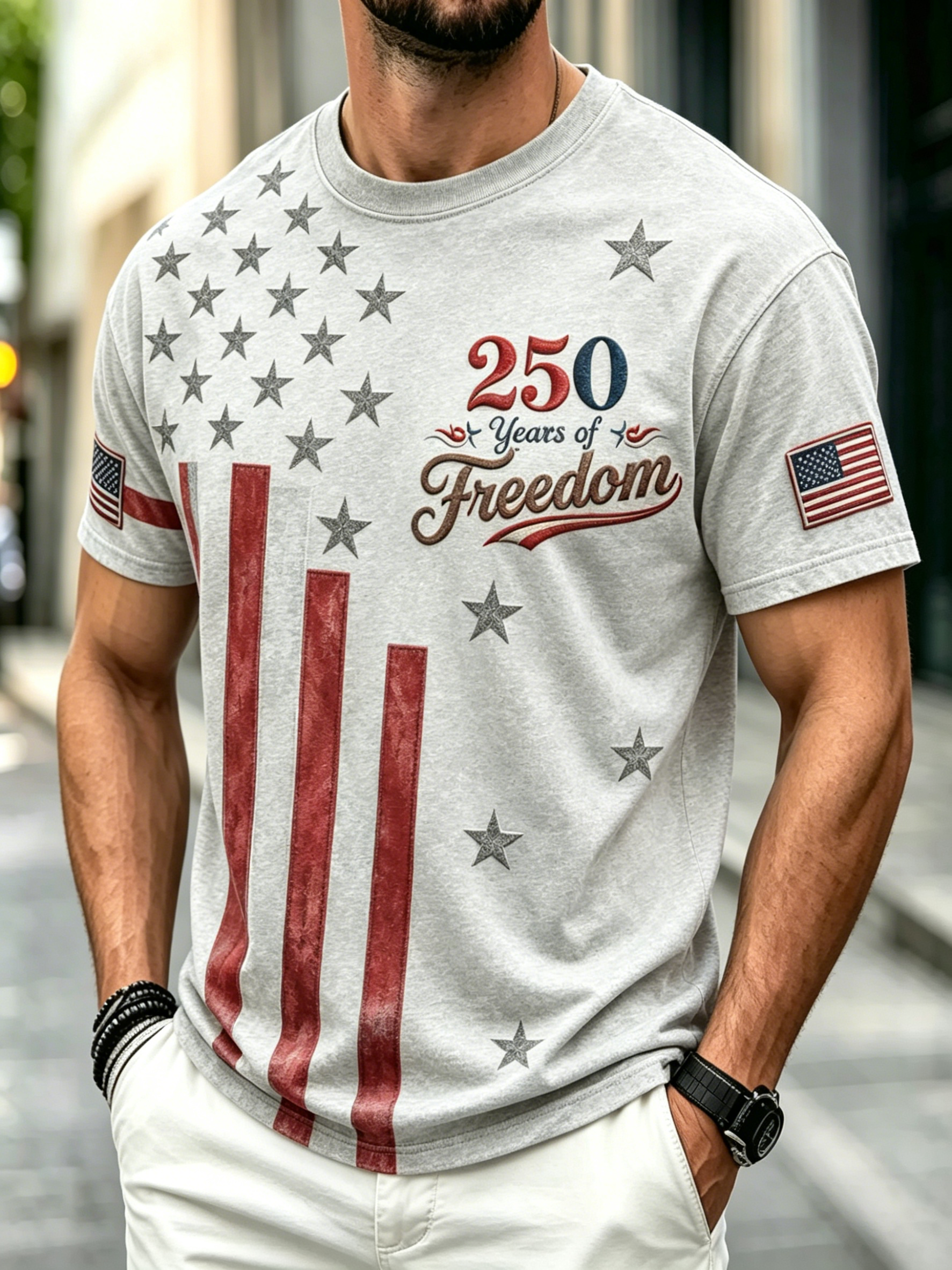Men Distressed 250th Anniversary Embroidered Flag Print Summer Streetwear Top