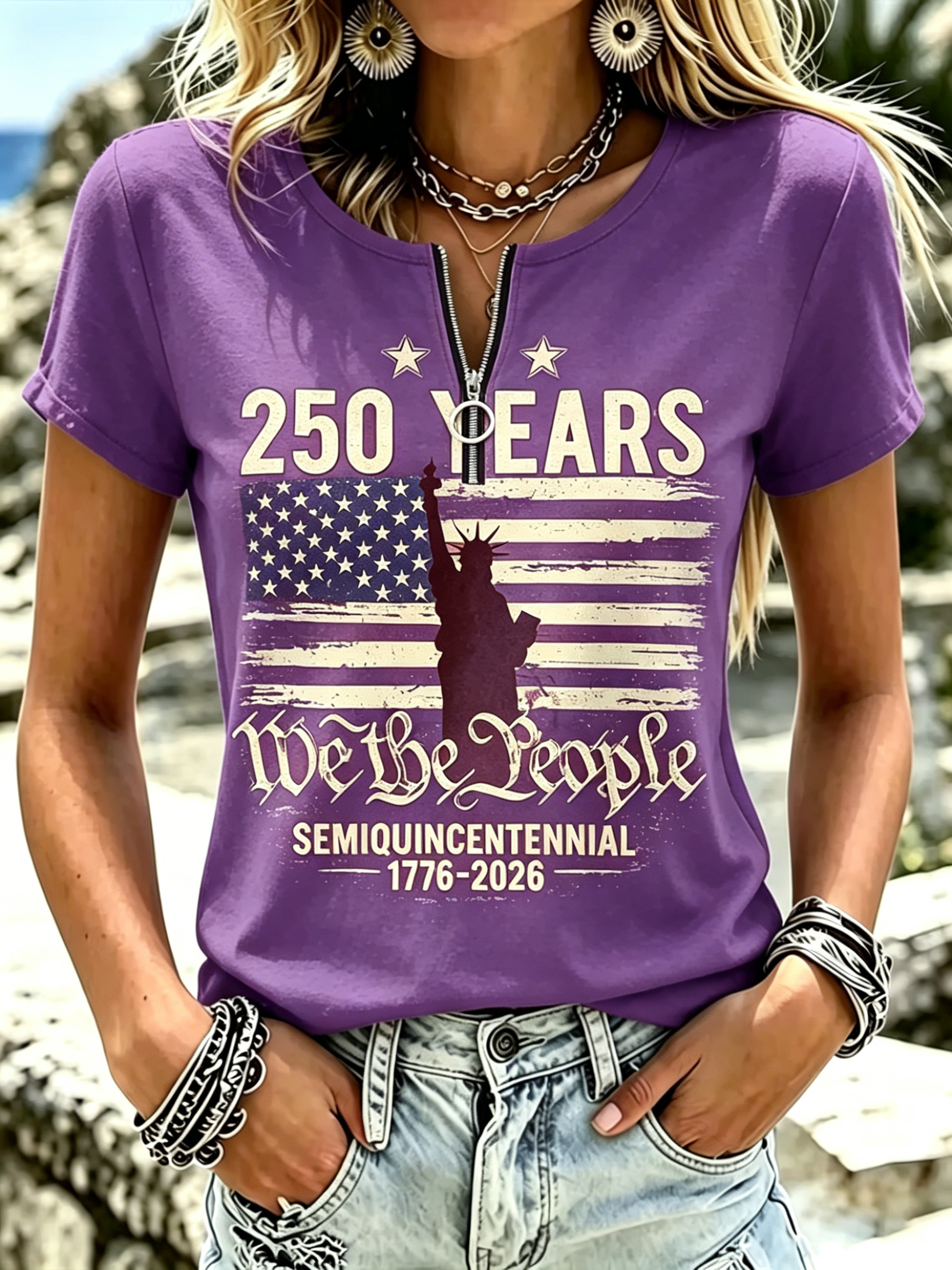 Retro American Flag Statue of Liberty Graphic Short Sleeve Holiday Women T-Shirt