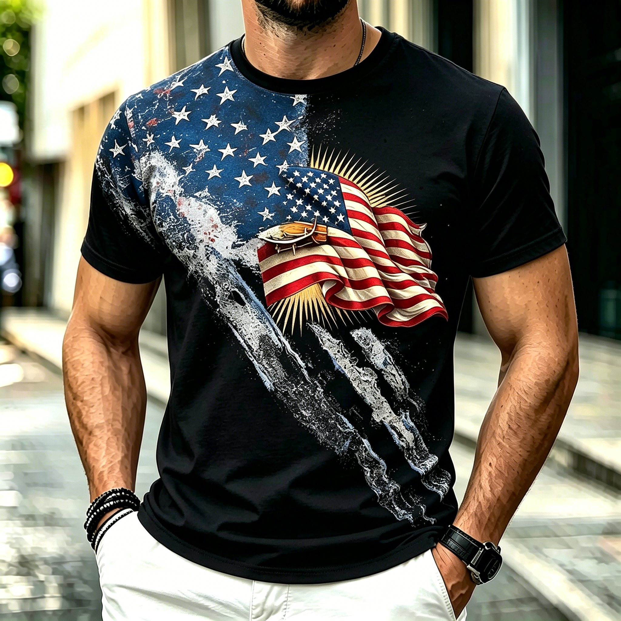 Vintage Waving USA Flag Independence Day Casual Crewneck