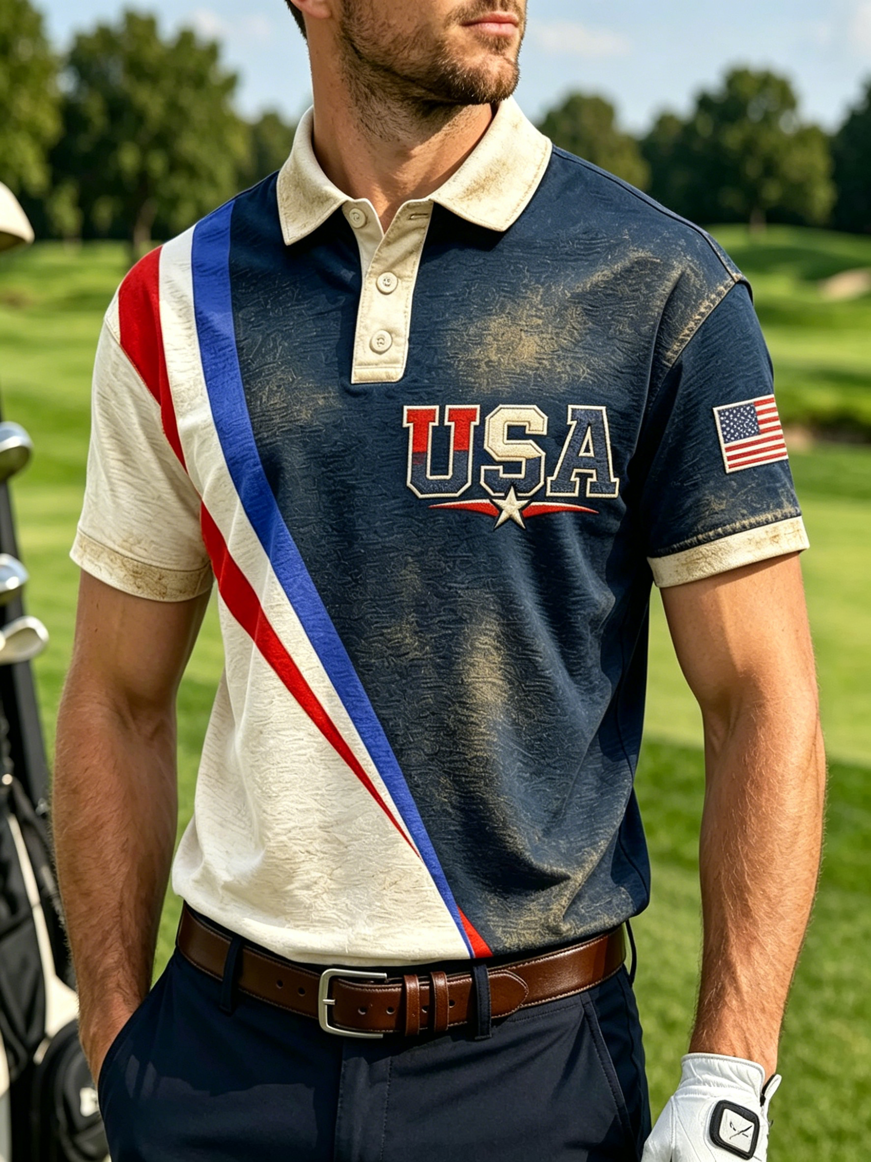 Men Fashion Spliced USA Flag Short Sleeve Quick Dry Athletic Golf Polo Shirt