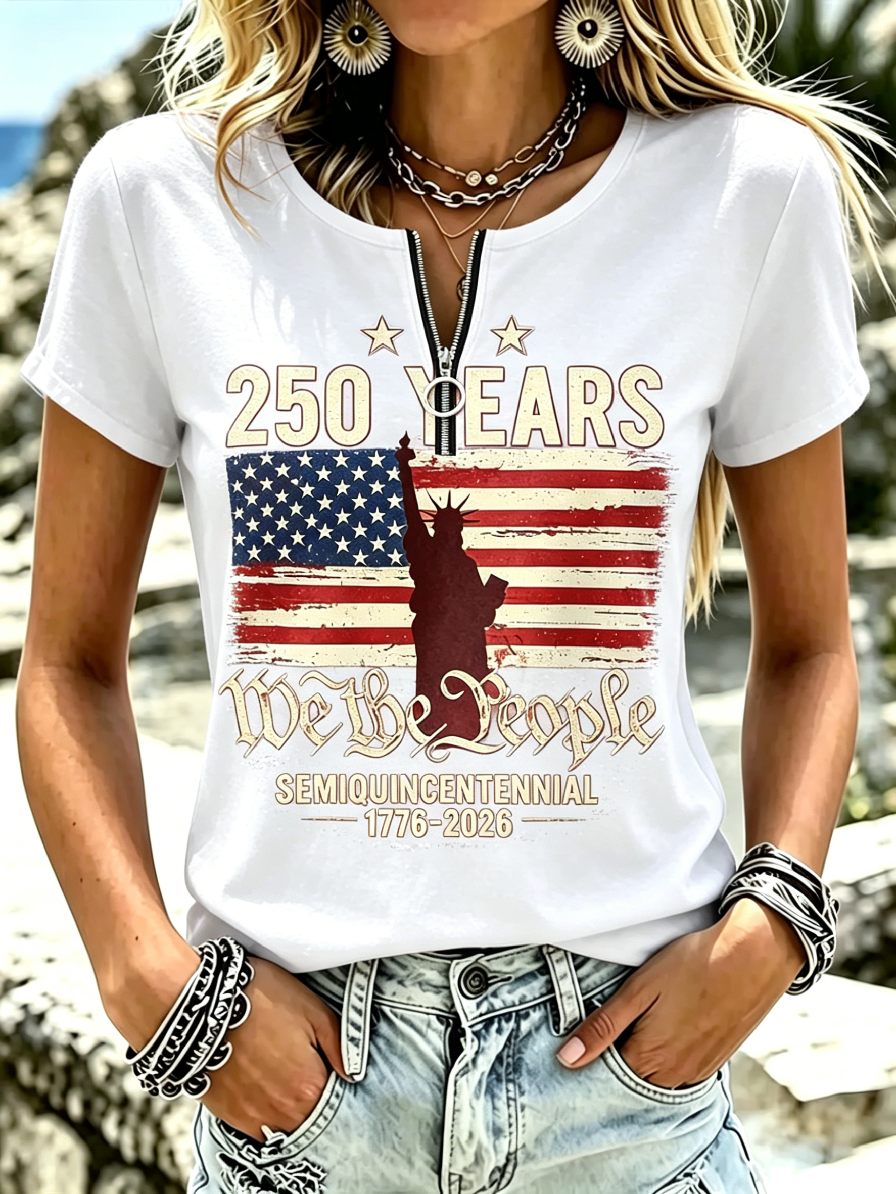 Retro American Flag Statue of Liberty Graphic Short Sleeve Holiday Women T-Shirt