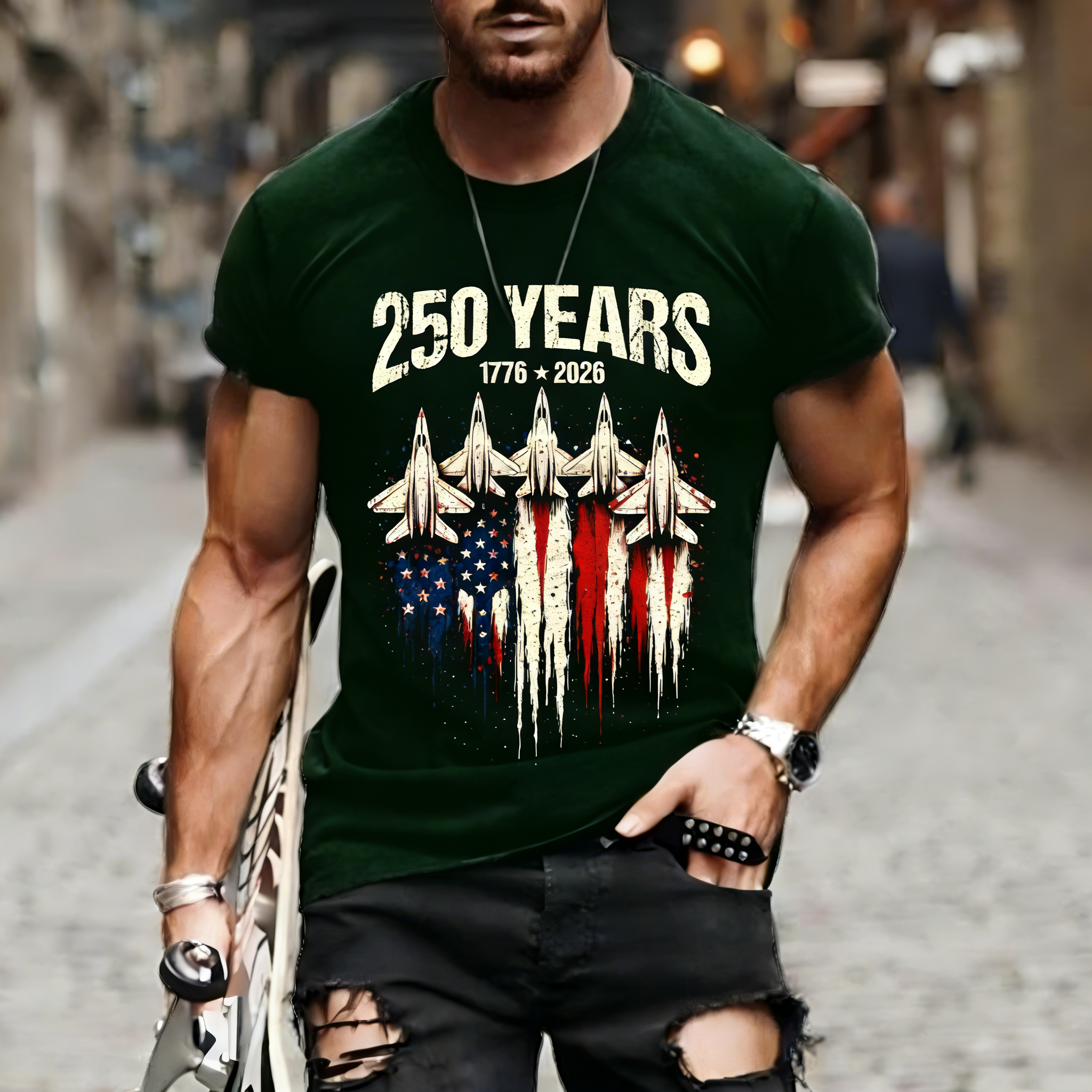 Men's Retro 250th Anniversary of the United States Independence Day Fighter Jet Long Sleeve T-Shirt