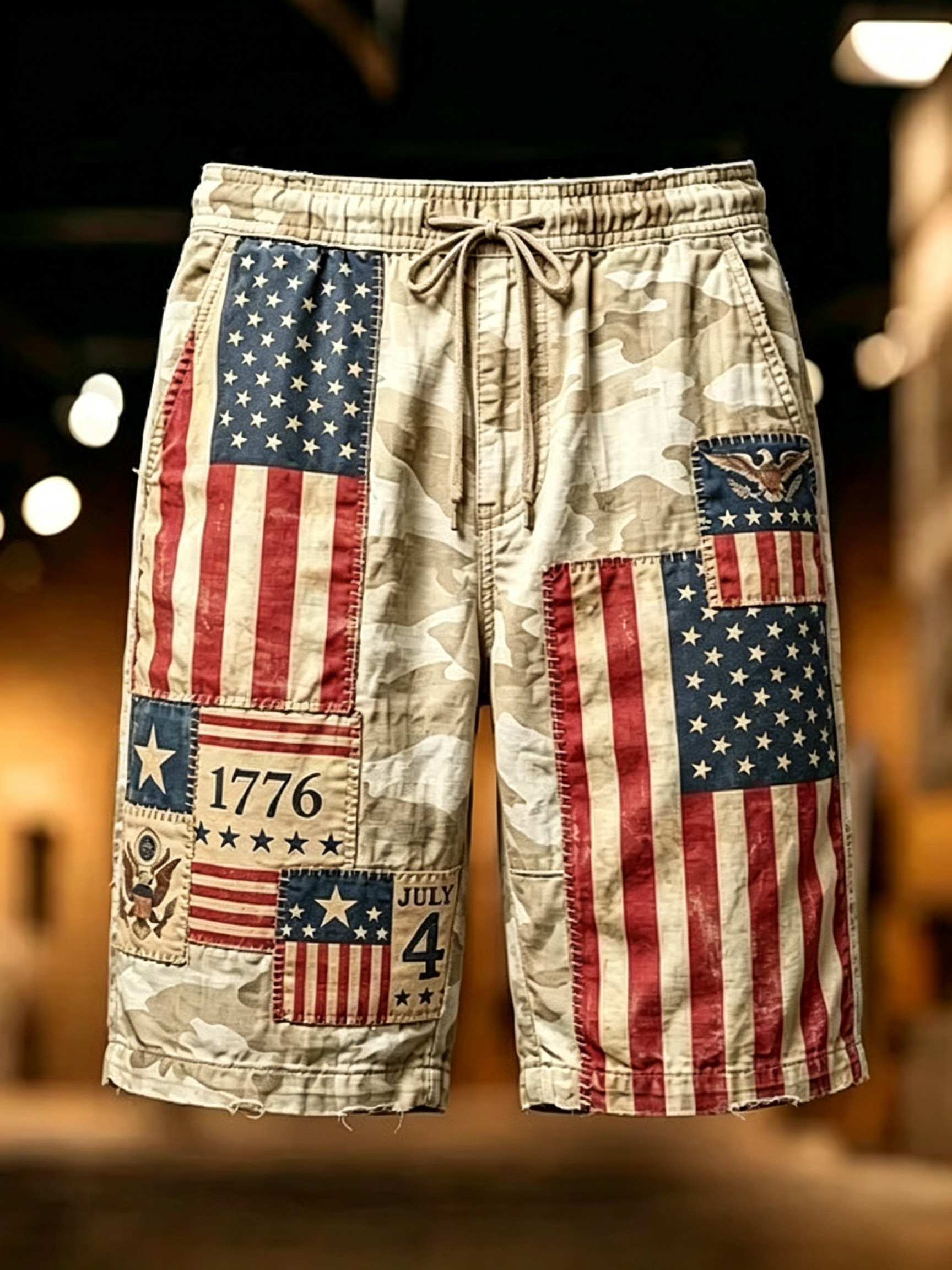 Vintage Washed American Flag Multi Pattern Men’s BBQ Parade Shorts