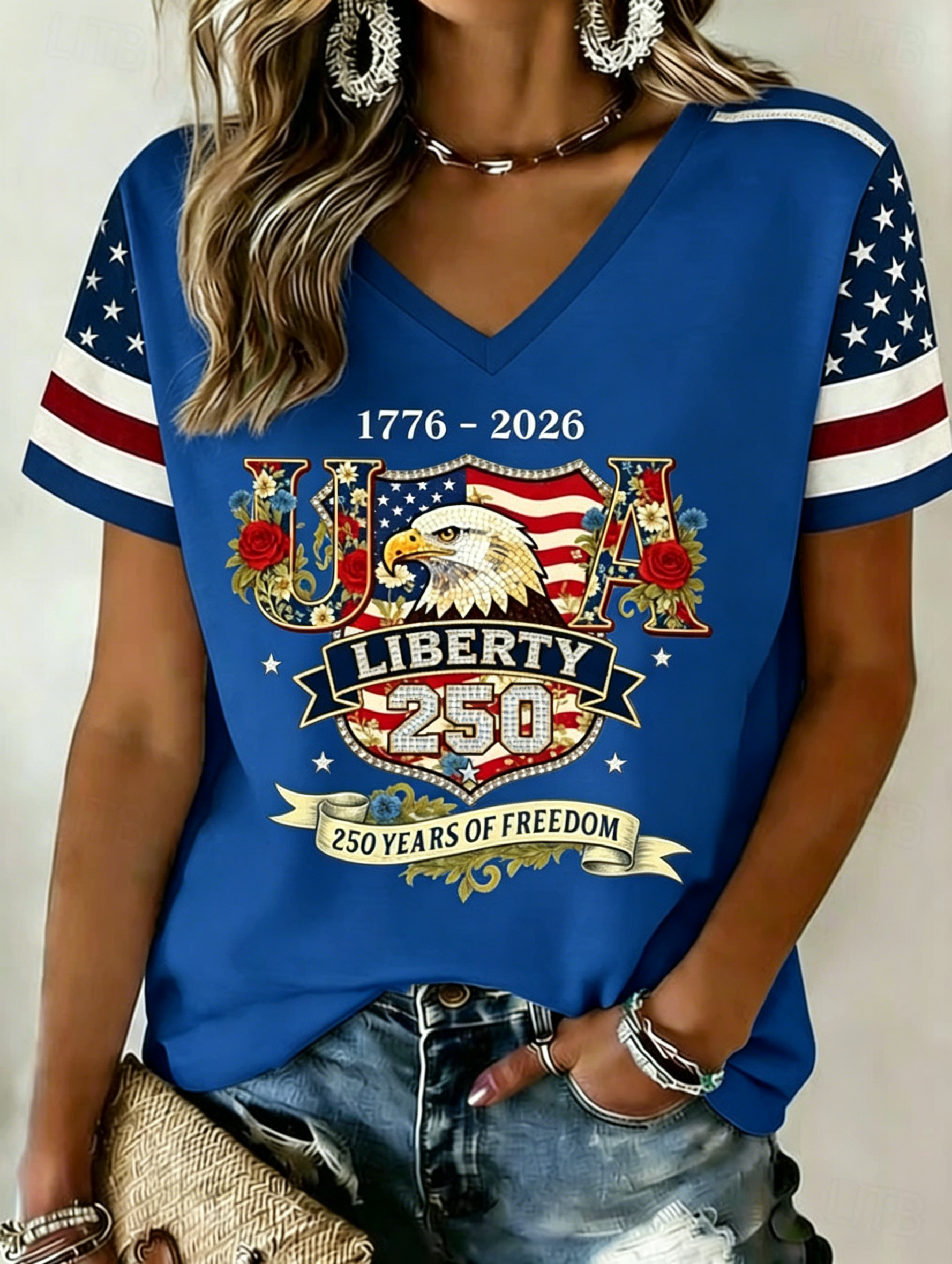 Floral USA Eagle Patriotic V-Neck T-Shirt, Independence Day Short Sleeve Top