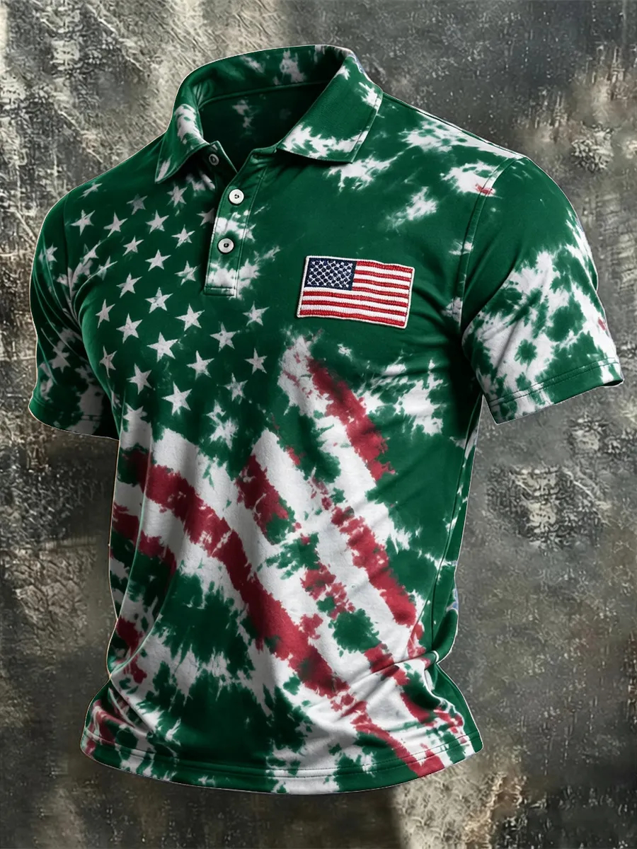 [Copy]Men's Vintage USA Flag 1776-2026 Short-Sleeve Button-Down Shirt - Patriotic "We The People" Print