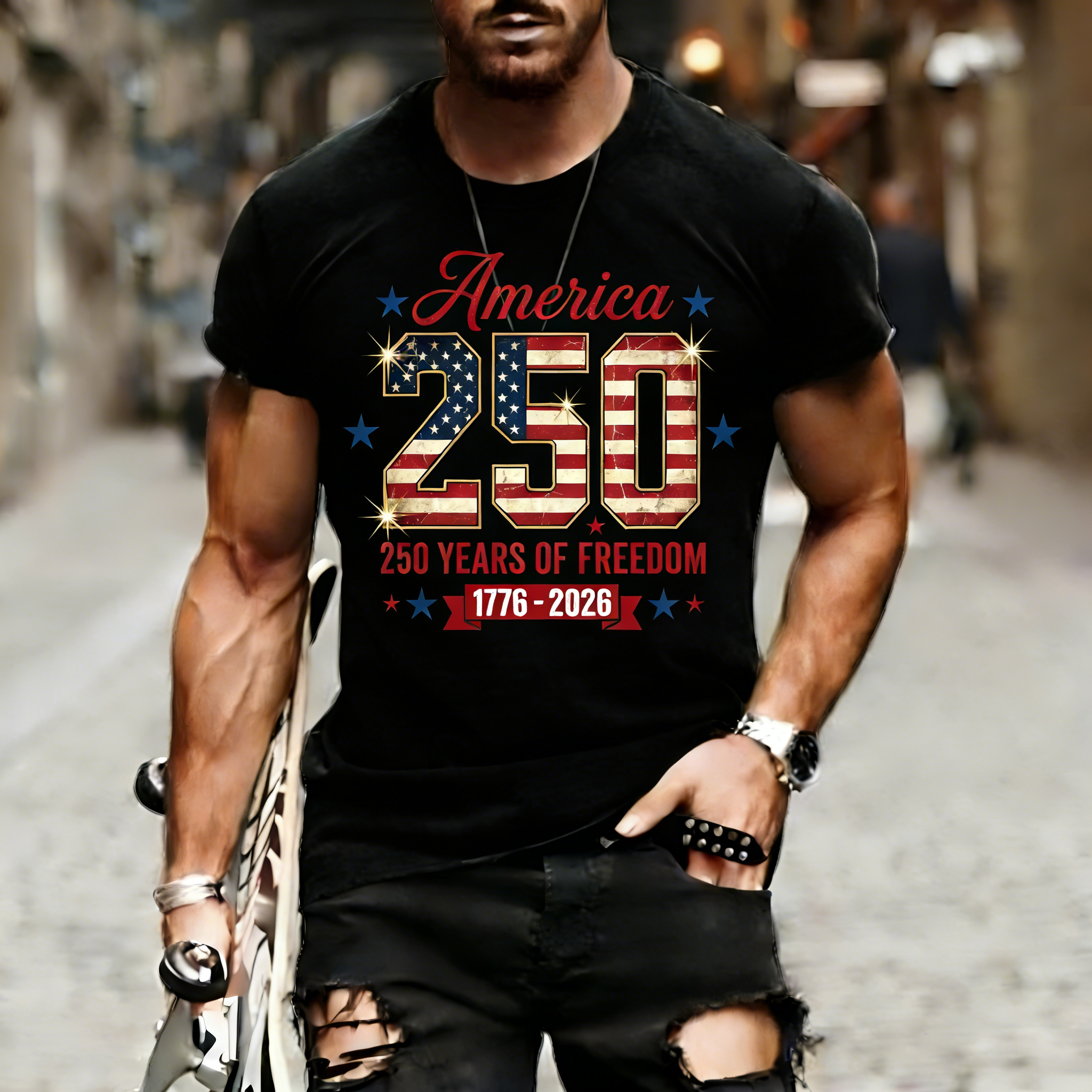 Men's Retro 250th Anniversary of the United States Independence Day America 250 Flag Print T-Shirt