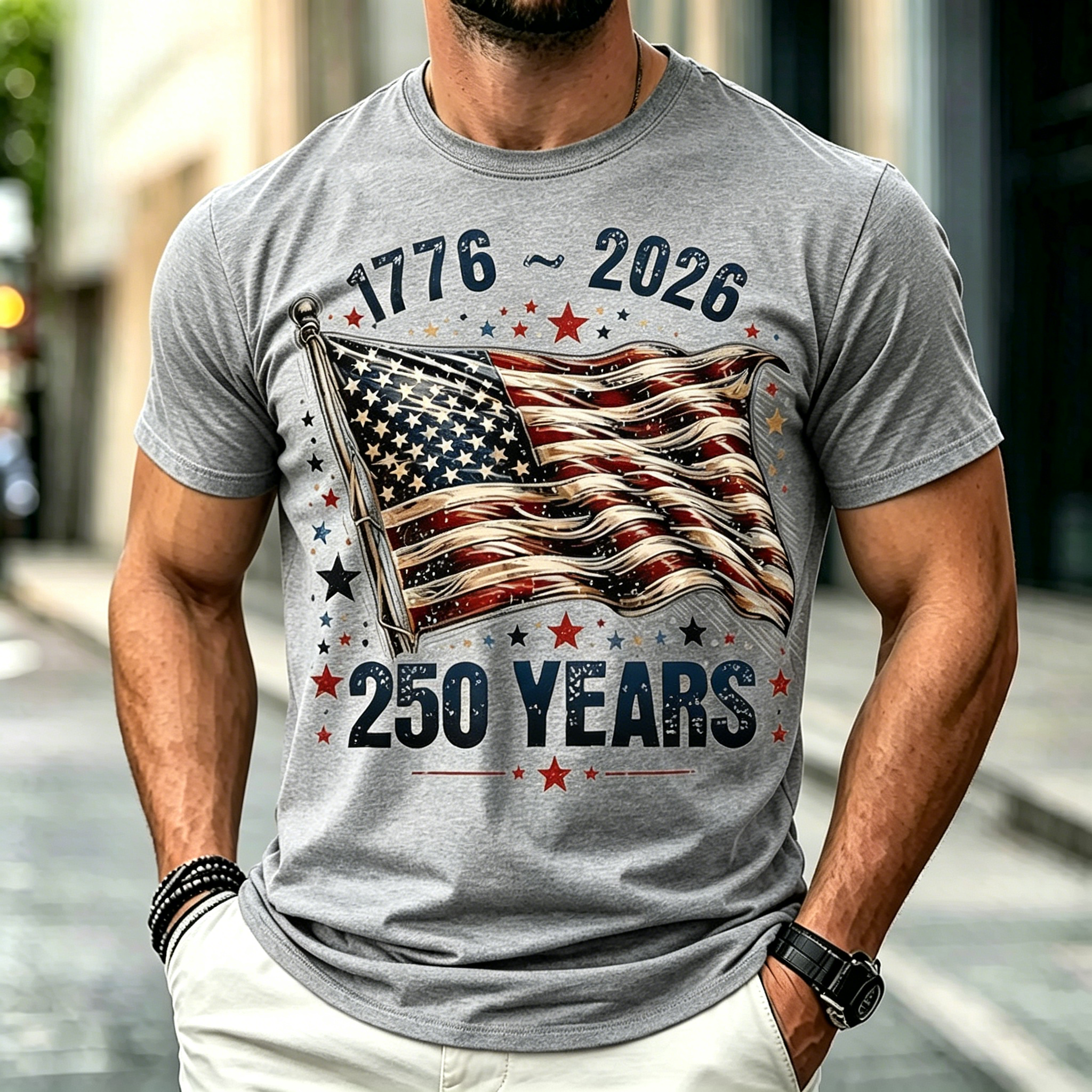 USA 250 Years Patriotic Flag Print Short Sleeve Crew Neck T-Shirt