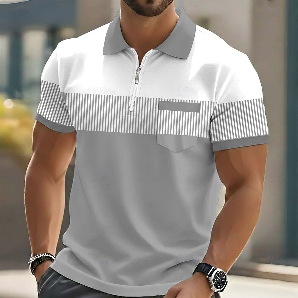 Color Block Stripe Half Zip Collar Polo Shirt for Men