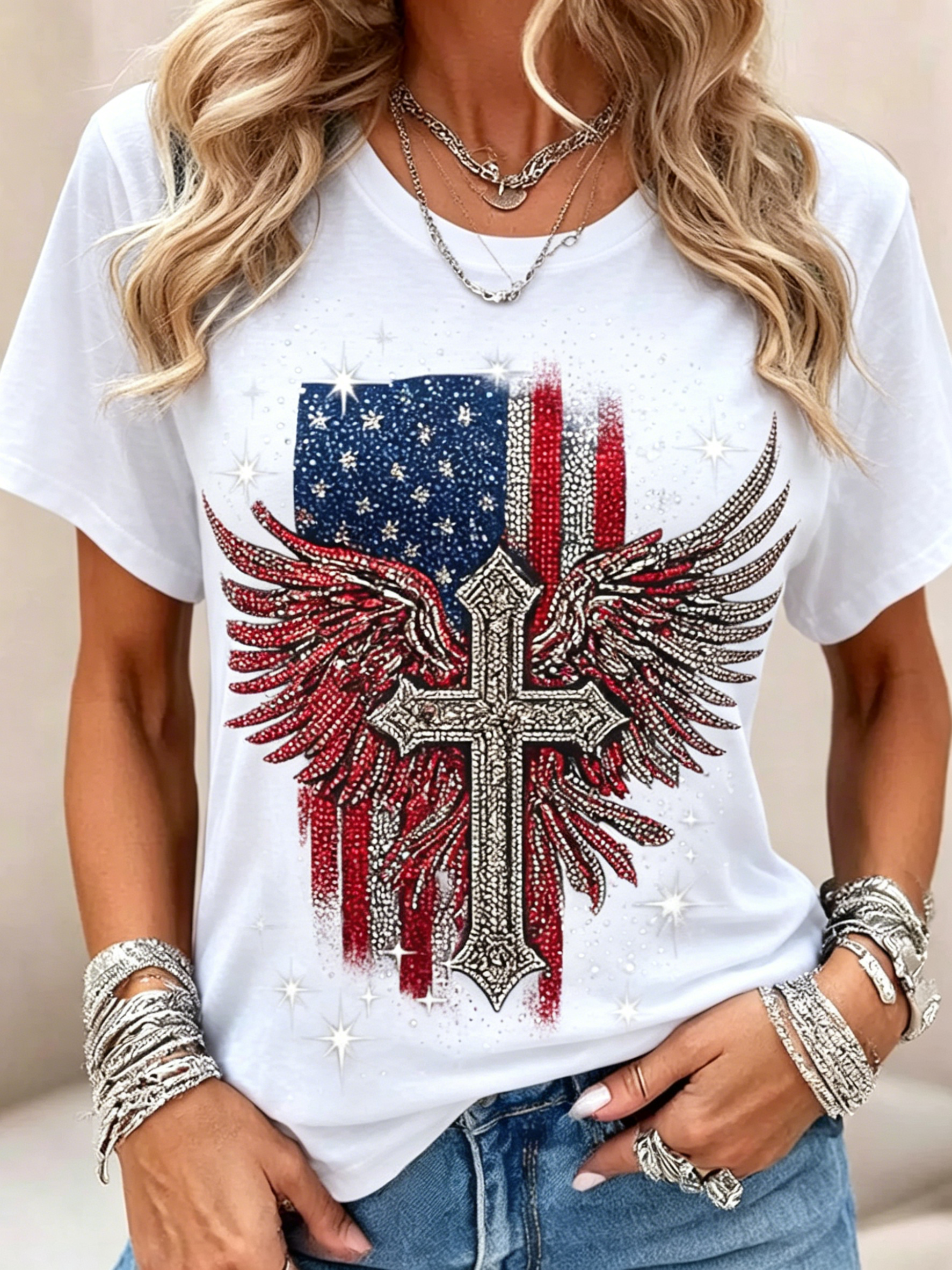 Patriotic 4th of July Outfit Women Sparkly Rhinestone Cross Wing Flag Printed Crew Neck Short Sleeve Casual Tee