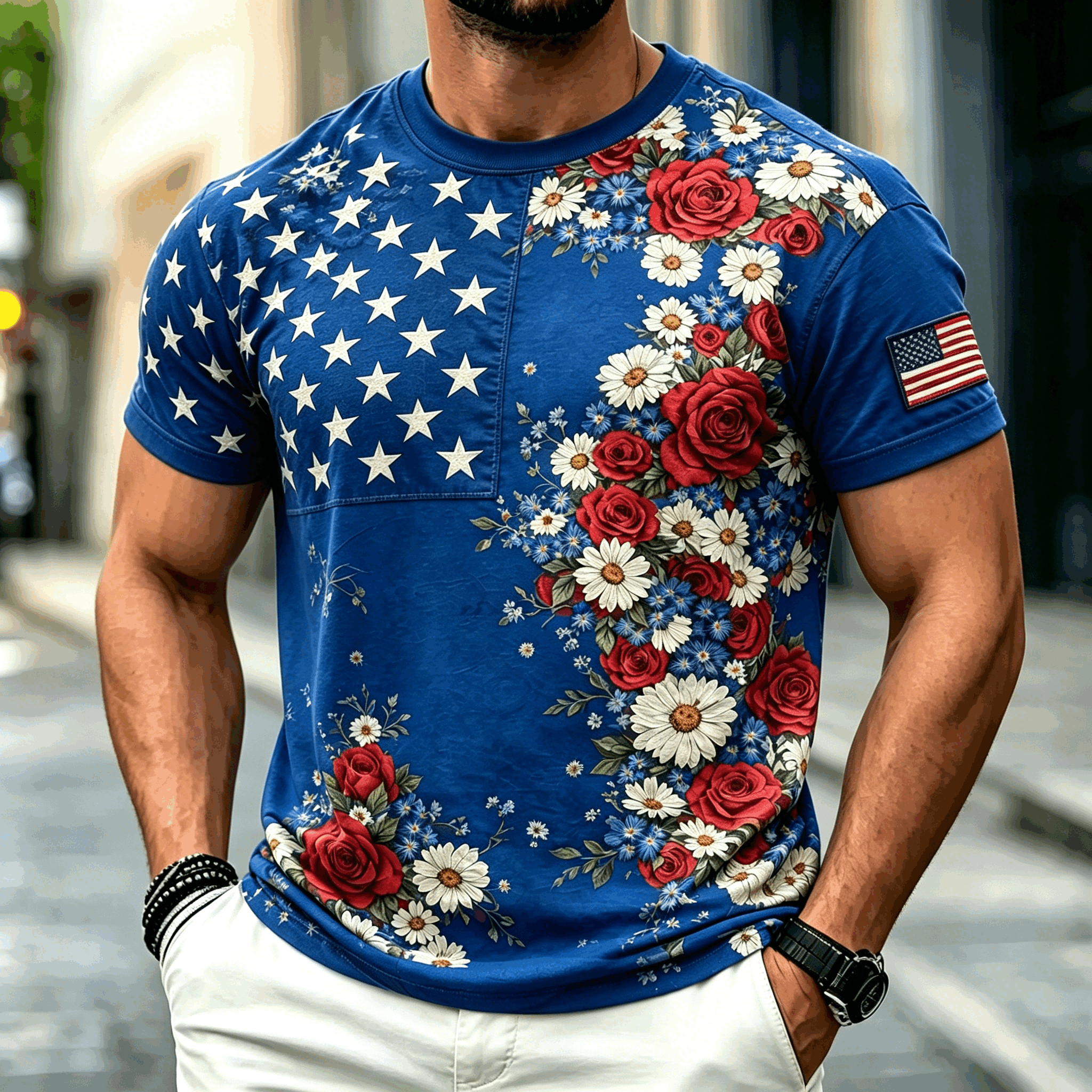 Patriotic Star Stripe Floral USA Flag Print Men Crew Neck Casual Summer Tee