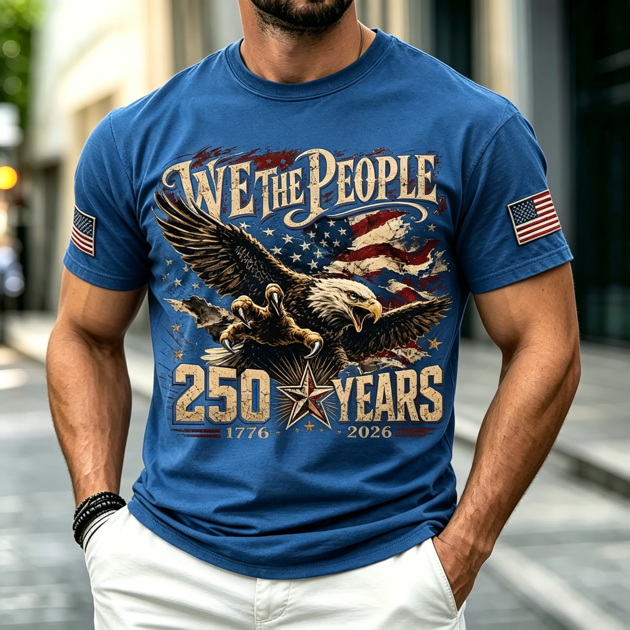 Men We The People Eagle American Flag Patriotic Short Sleeve Crew Neck Casual T-Shirt