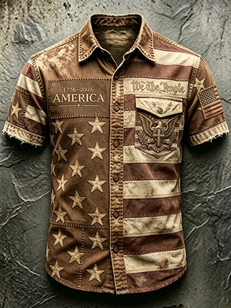 Men's USA 250th Anniversary "We The People" Vintage Flag Patchwork Short-Sleeve Button-Down Shirt - 1776-2026 Eagle Print
