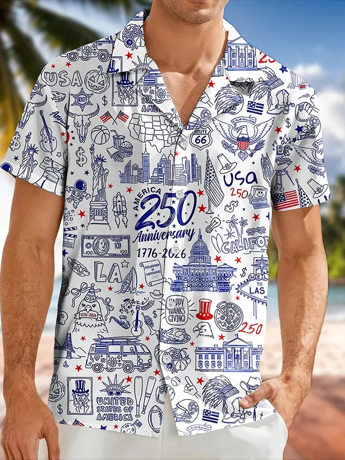 USA Themed Doodle Print Camp Collar Shirt, Patriotic Landmark Short Sleeve Aloha Shirt