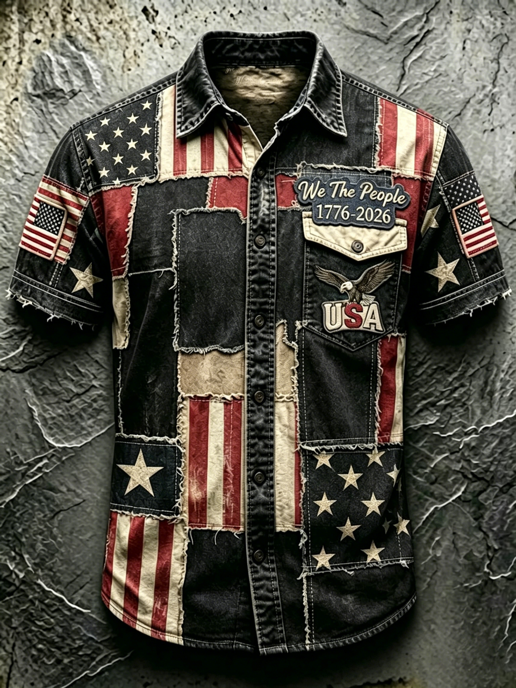 Distressed Retro Patriotic Graphic Lapel Pocket Short Sleeve Shirt For Men Daily Outdoor Casual Wear