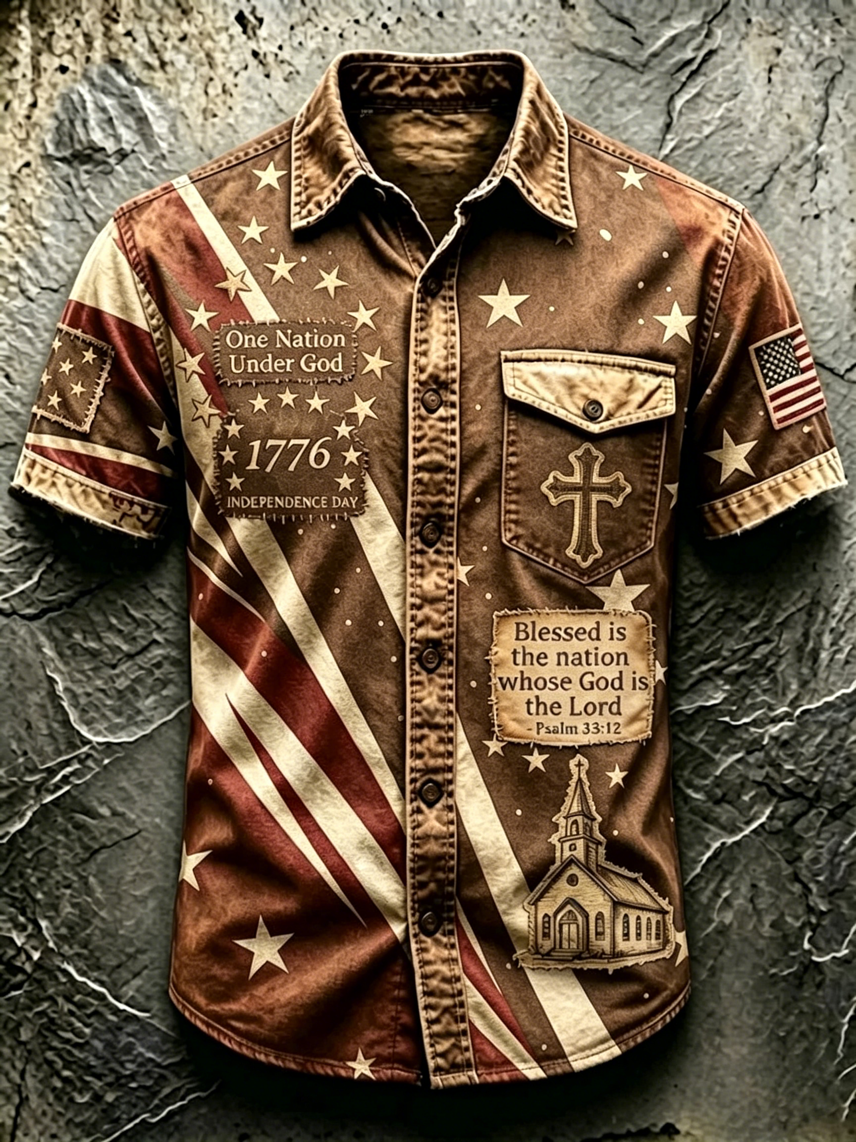 Men Vintage Star Stripe Religious Cross Graphic Short Sleeve Button Down Denim Shirt