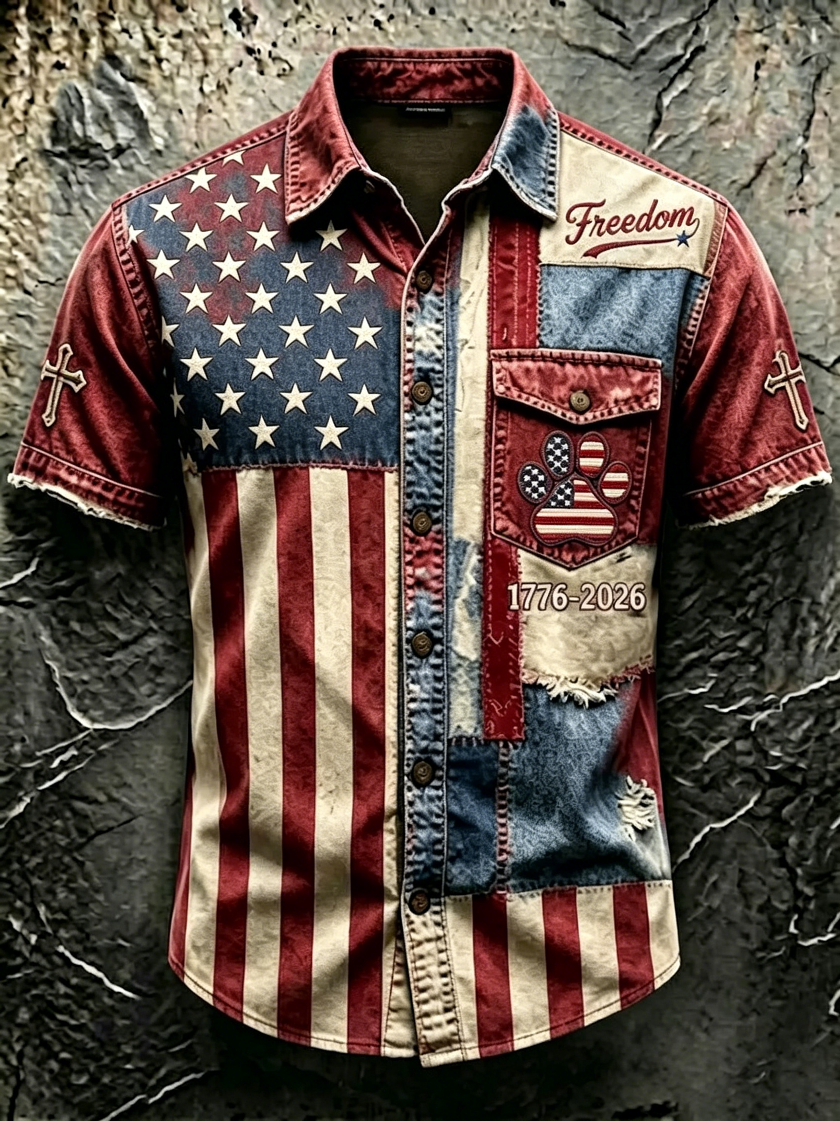 [Copy]Frayed Edge Camo Patriotic Letter Print Lapel Collar Casual Denim Shirt For Men