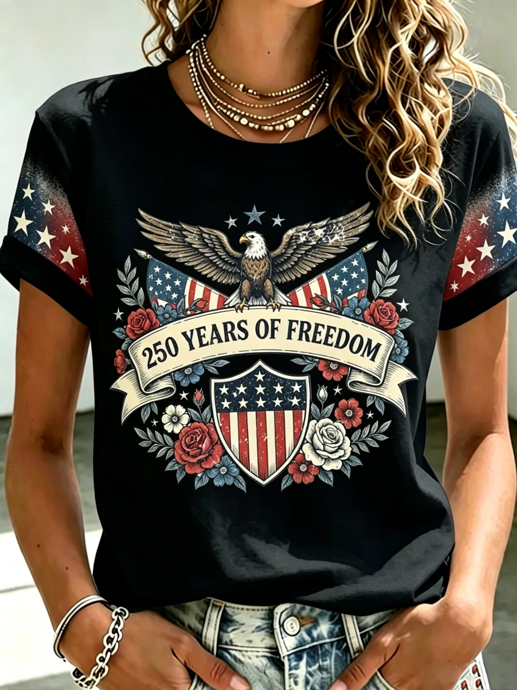 [Copy]Distressed Denim Style Patriotic Eagle Wing Print Ladies Loose Fit Curved Hem Top