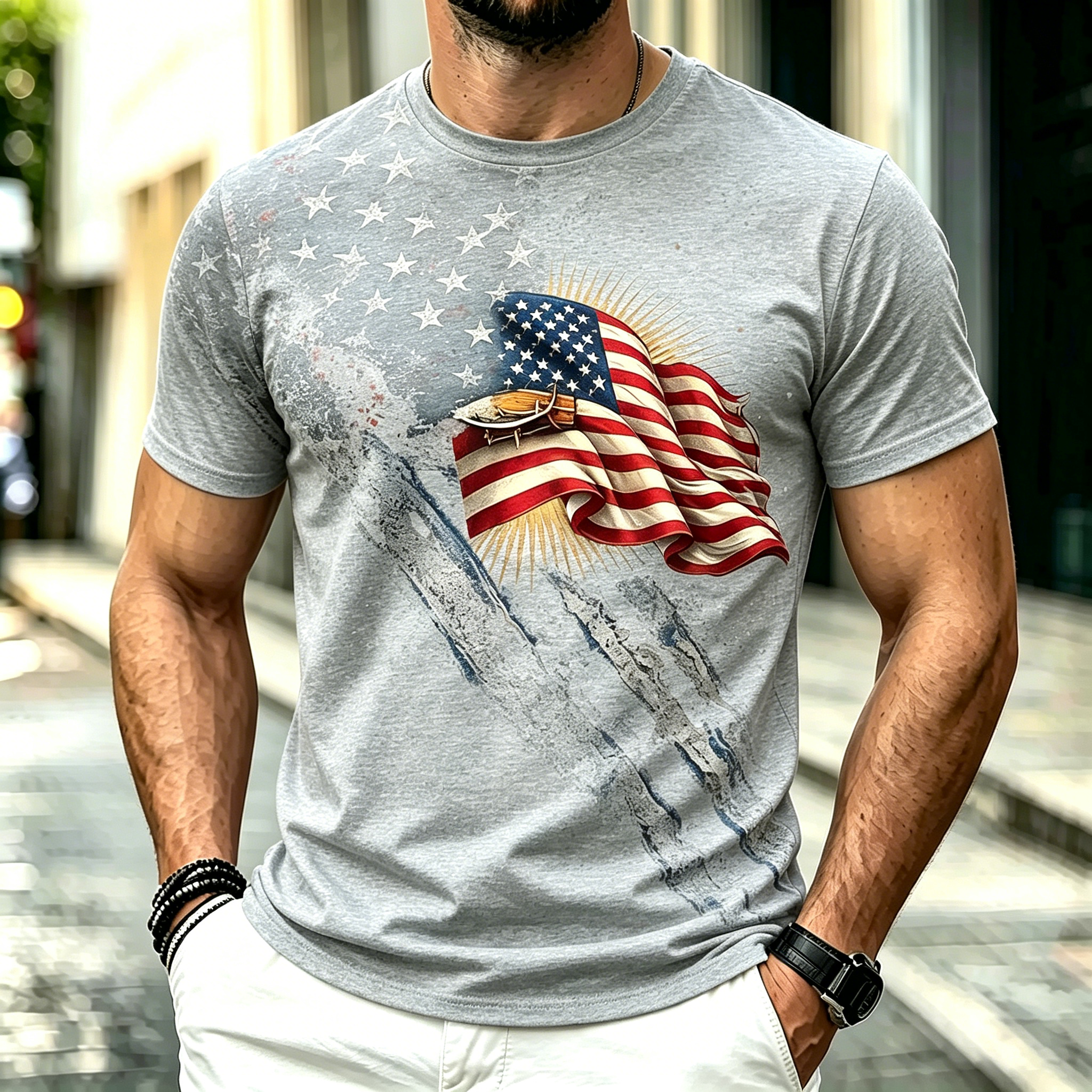 Vintage Waving USA Flag Independence Day Casual Crewneck
