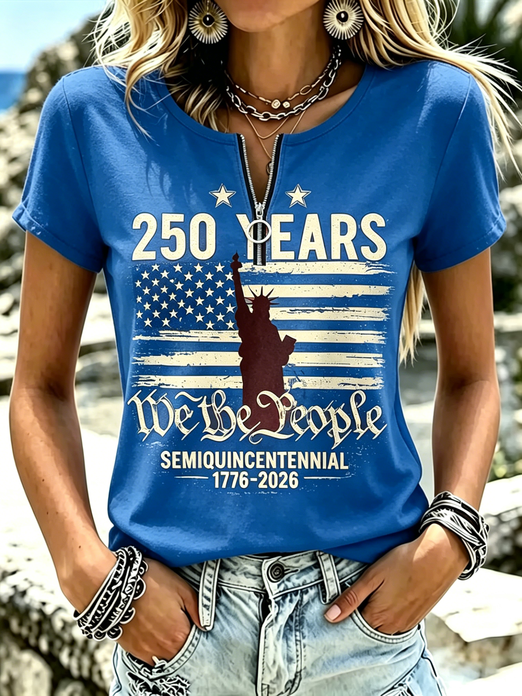 Retro American Flag Statue of Liberty Graphic Short Sleeve Holiday Women T-Shirt