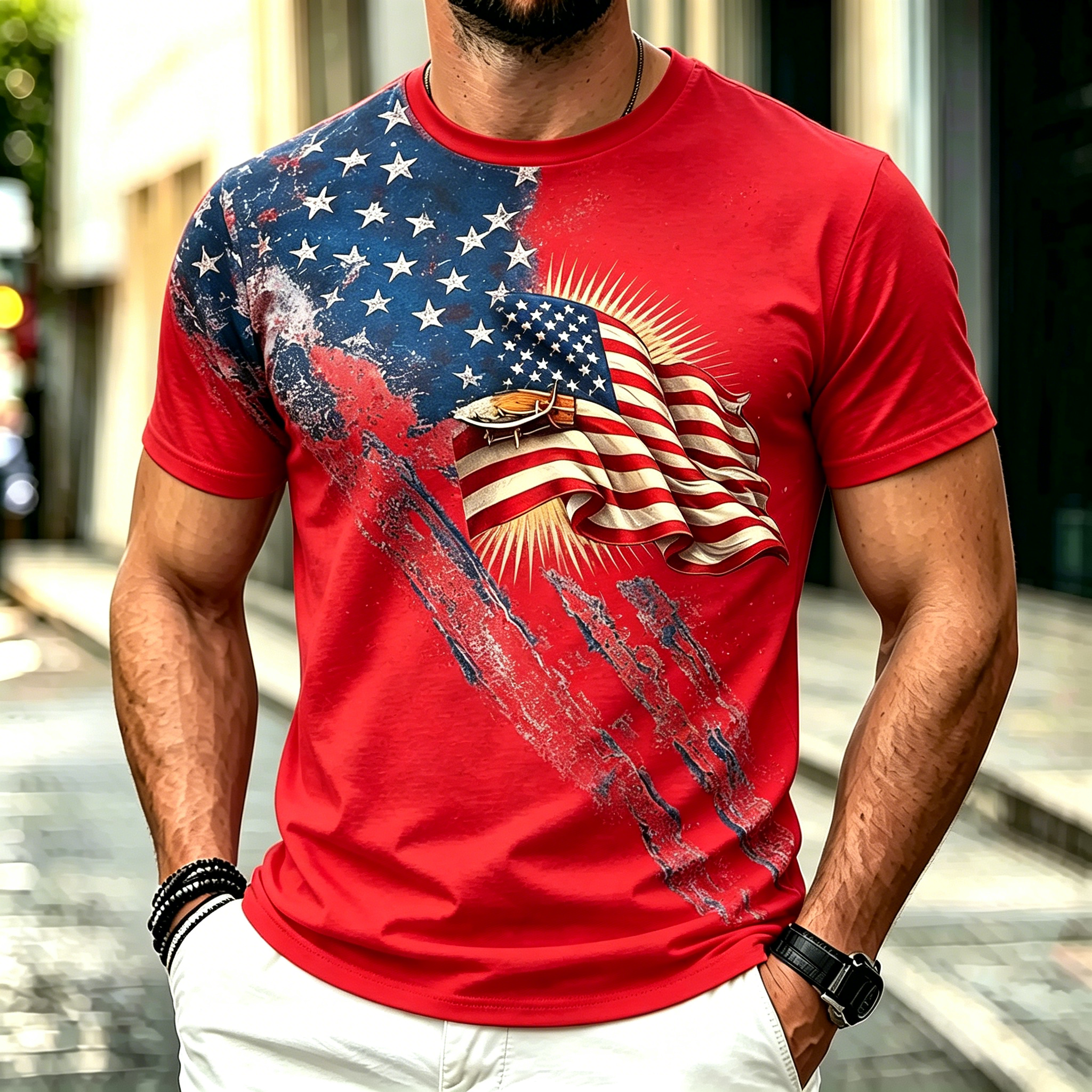 Vintage Waving USA Flag Independence Day Casual Crewneck