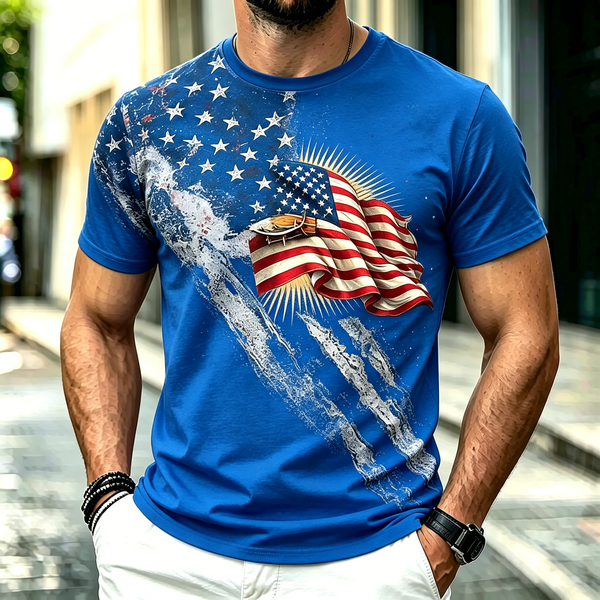 Vintage Waving USA Flag Independence Day Casual Crewneck