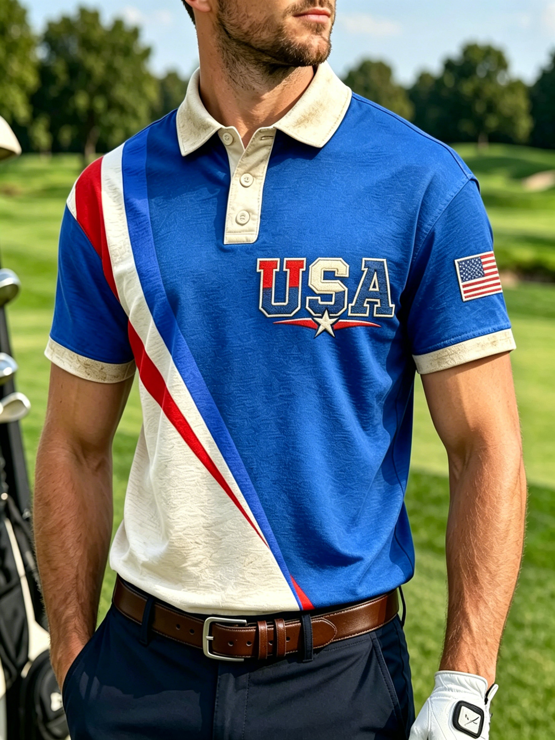 Men Fashion Spliced USA Flag Short Sleeve Quick Dry Athletic Golf Polo Shirt