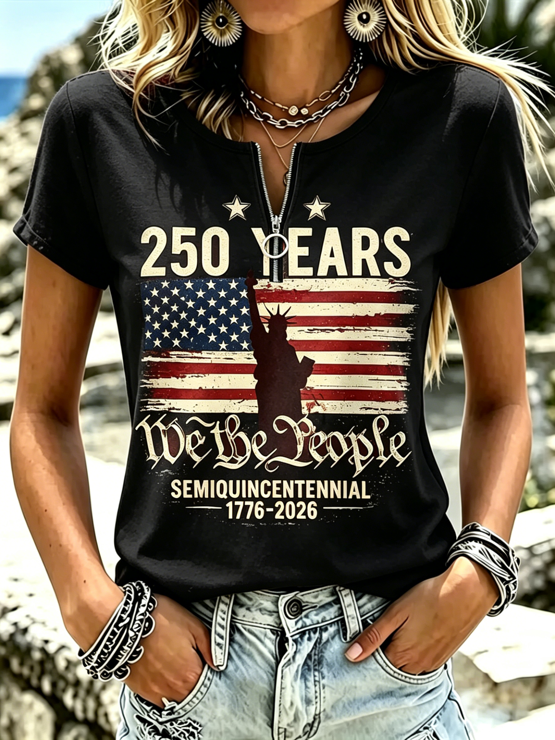 Retro American Flag Statue of Liberty Graphic Short Sleeve Holiday Women T-Shirt