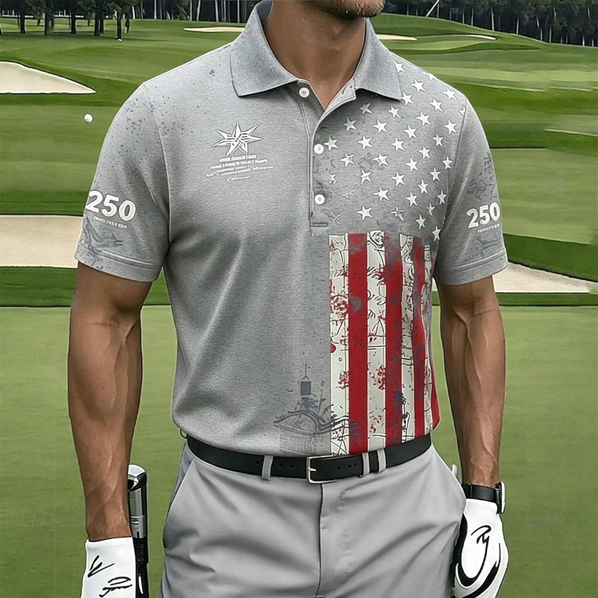 Retro Distressed Star Stripes Athletic Polo Mens Outdoor Golf Training Short Sleeve Shirt