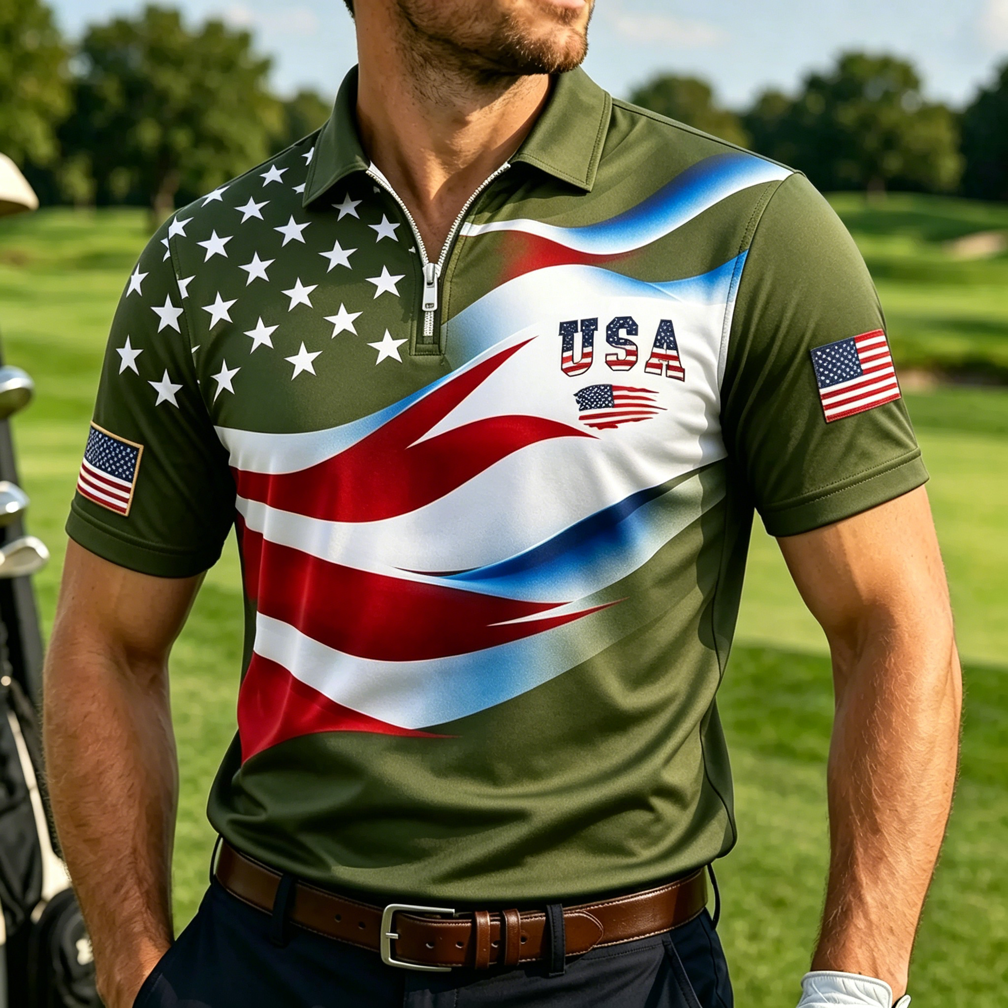 Men Fashion Spliced USA Flag Short Sleeve Quick Dry Athletic Golf Polo Shirt