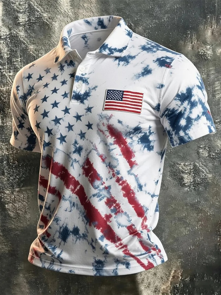 [Copy]Men's Vintage USA Flag 1776-2026 Short-Sleeve Button-Down Shirt - Patriotic "We The People" Print