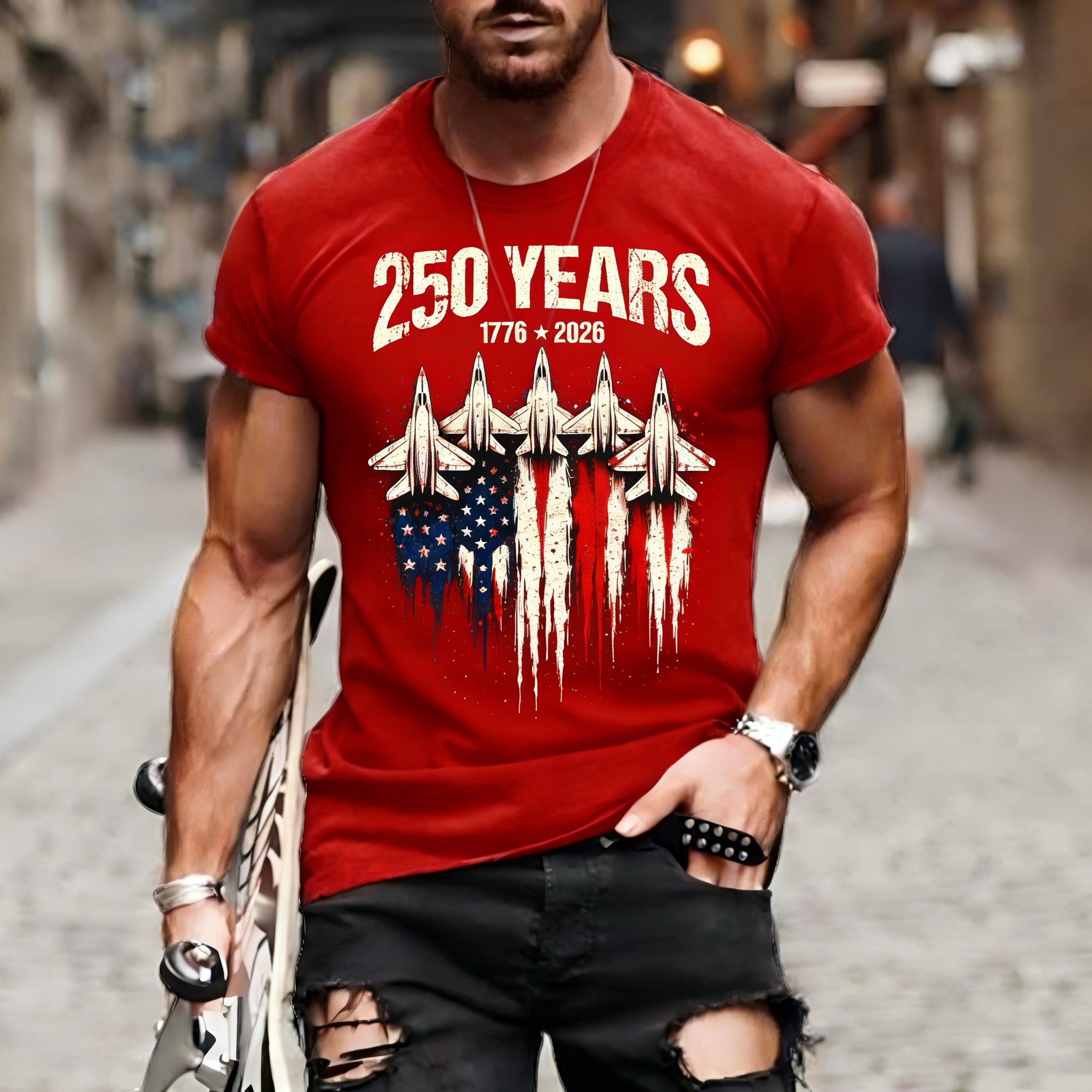 Men's Retro 250th Anniversary of the United States Independence Day Fighter Jet Long Sleeve T-Shirt