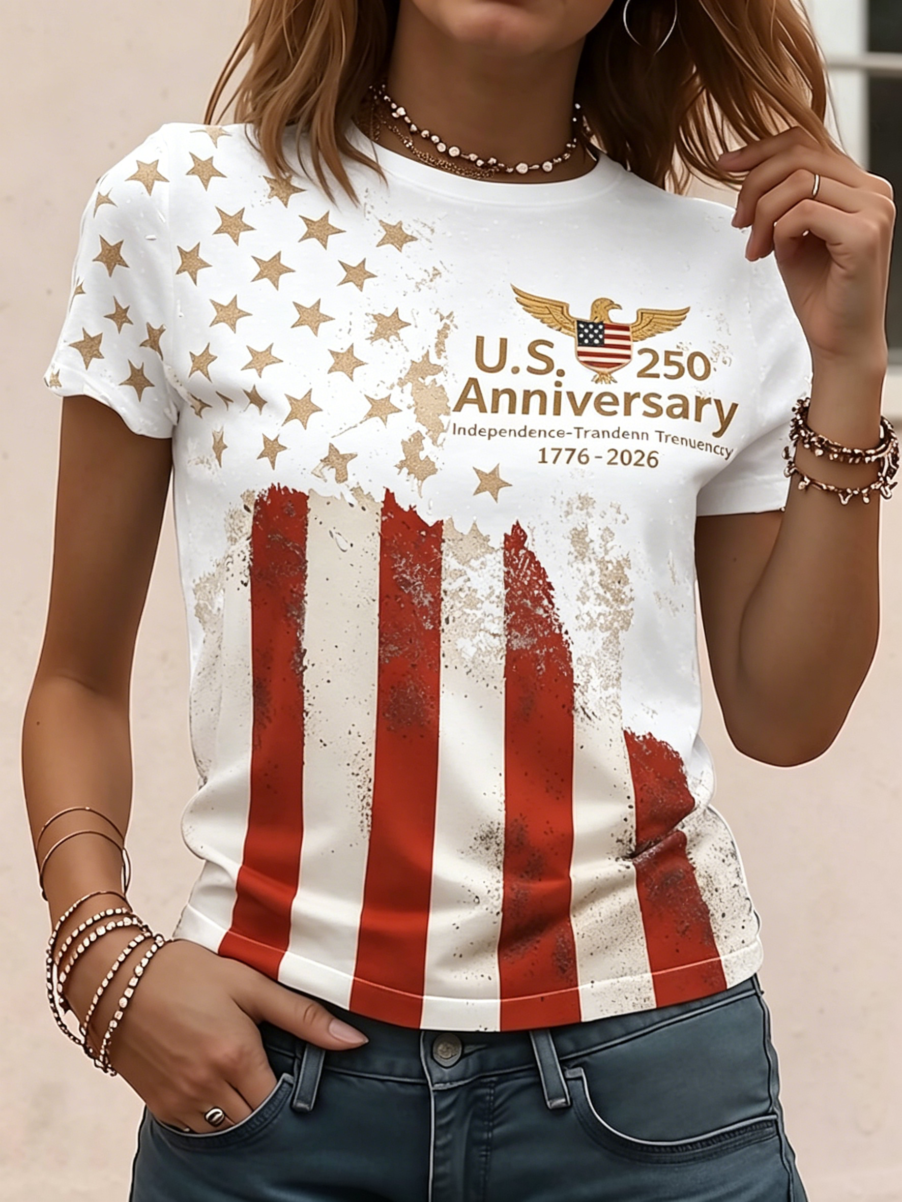 Women’s Vintage American Flag Print T-Shirt, U.S. 250th Anniversary Patriotic Short Sleeve Tee