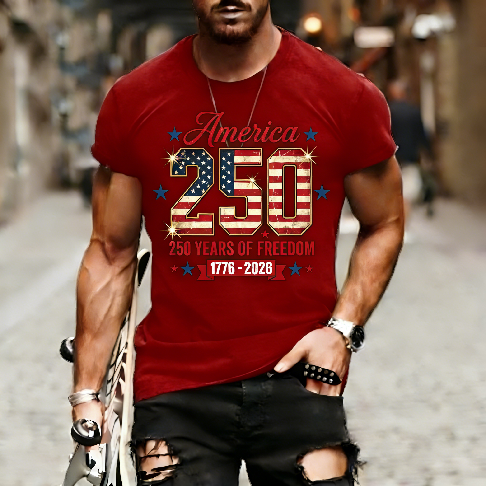 Men's Retro 250th Anniversary of the United States Independence Day America 250 Flag Print T-Shirt