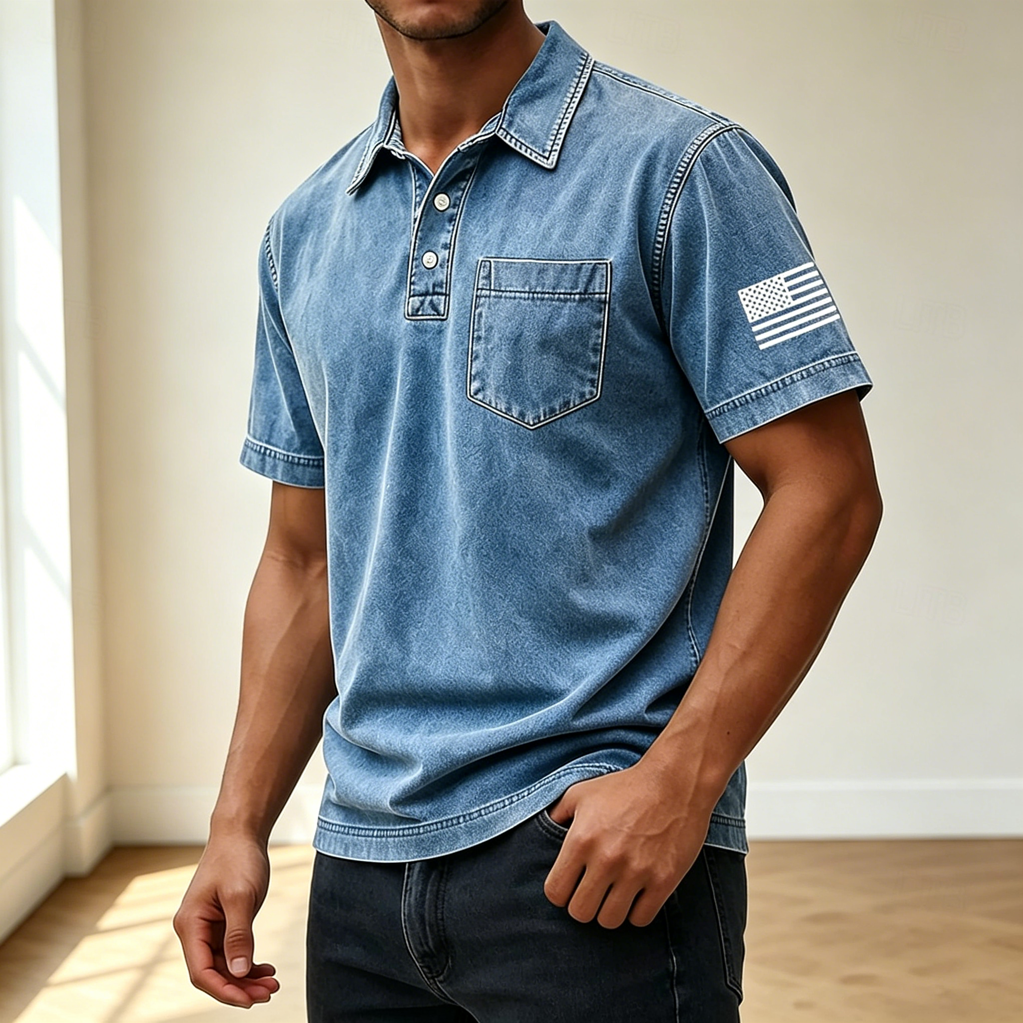 Men Vintage Washed Short Sleeve Pocket Polo Shirt with Sleeve Flag Print